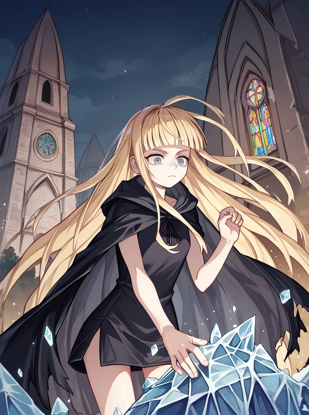 score_9, score_8_up, score_7_up, source_anime, solo, 1girl, evangeline a.k. mcdowell, blonde hair, long hair, blunt bangs, black cloak, ice magic, , destroyed church, night, , , <lora:evangeline_PDXL-000002:1>