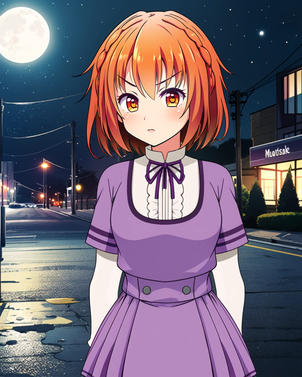 masterpiece, high quality, 1girl, walking, mgrckurumimanaka, medium shot, upper body, orange eyes, orange hair, detailed, dynamic pose, purple with white dress, long sleeves, purple skirt, purple bowtie, outdoors, city, street, night, sky, stars, moon, moonglare, <lora:mgrckurumimanaka-05:0.8>