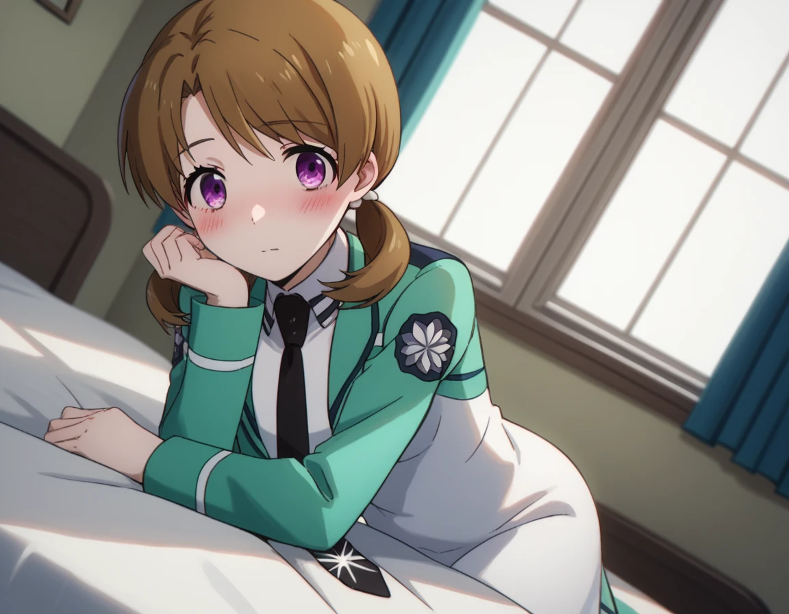 score_9, score_8_up, score_7_up, source_anime,
honokamitsui, <lora:honoka-mitsui-s2-ponyxl-lora-nochekaiser:1>,
honoka mitsui, bangs, brown hair, twintails, purple eyes, low twintails,
long sleeves, dress, school uniform, pantyhose, necktie, white dress, black necktie,
indoors, bed, bed room, on side, blush, drunk,
solo, dutch angle, looking at viewer, cowboy shot,