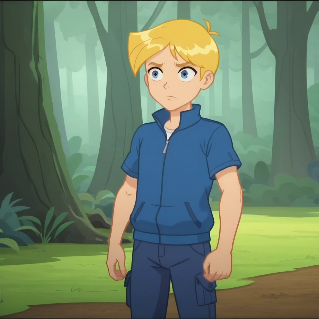 score_7_up, BREAK, screencap , 1boy, solo,  Norman, short hair, blue eyes, blonde hair,   <lora:Norman_TotallySpies_XL_Leaf1:1>, short sleeves, blue jacket, cowboy shot, forest,