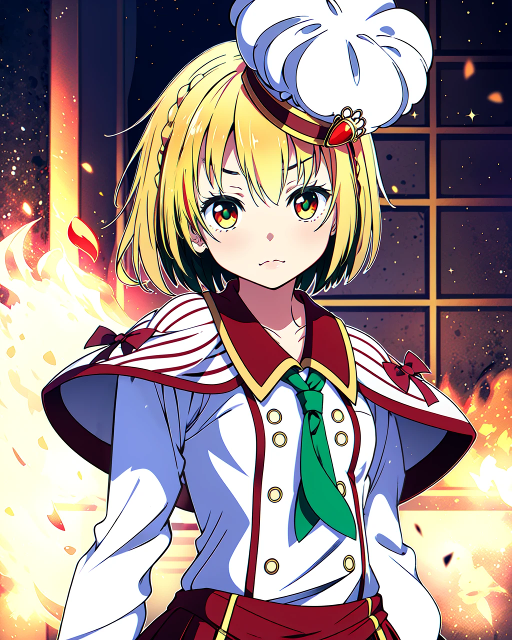 masterpiece, high quality, 1girl, mgrckurumimanaka, medium shot, upper body, dynamic pose, looking at viewer, chef hat with gem on head, red striped shawl with bows, green tie, white with red shirt, red with white buttoned skirt, abstract background, sparkes, <lora:mgrckurumimanaka-05:0.8>