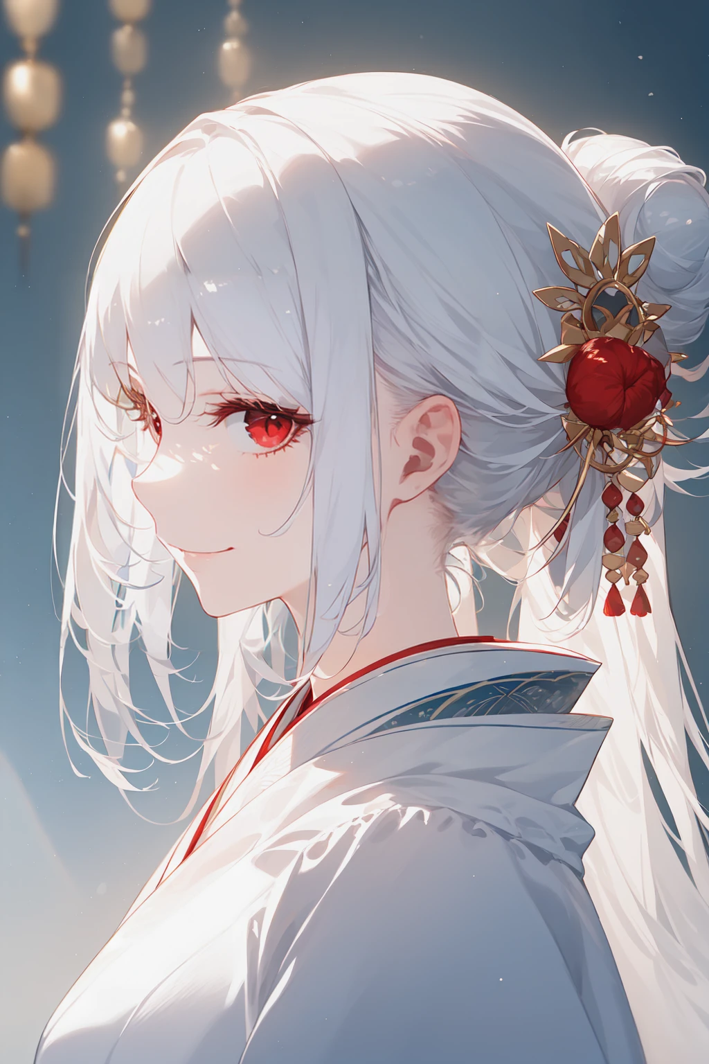 masterpiece, best quality, 1girl, solo, long hair, looking at viewer, smile, hair ornament, closed mouth, red eyes, upper body, white hair, japanese clothes, solo focus, kimono, from side, parted bangs, looking to the side, eyelashes, lips, depth of field, single hair bun, white kimono, hair stick