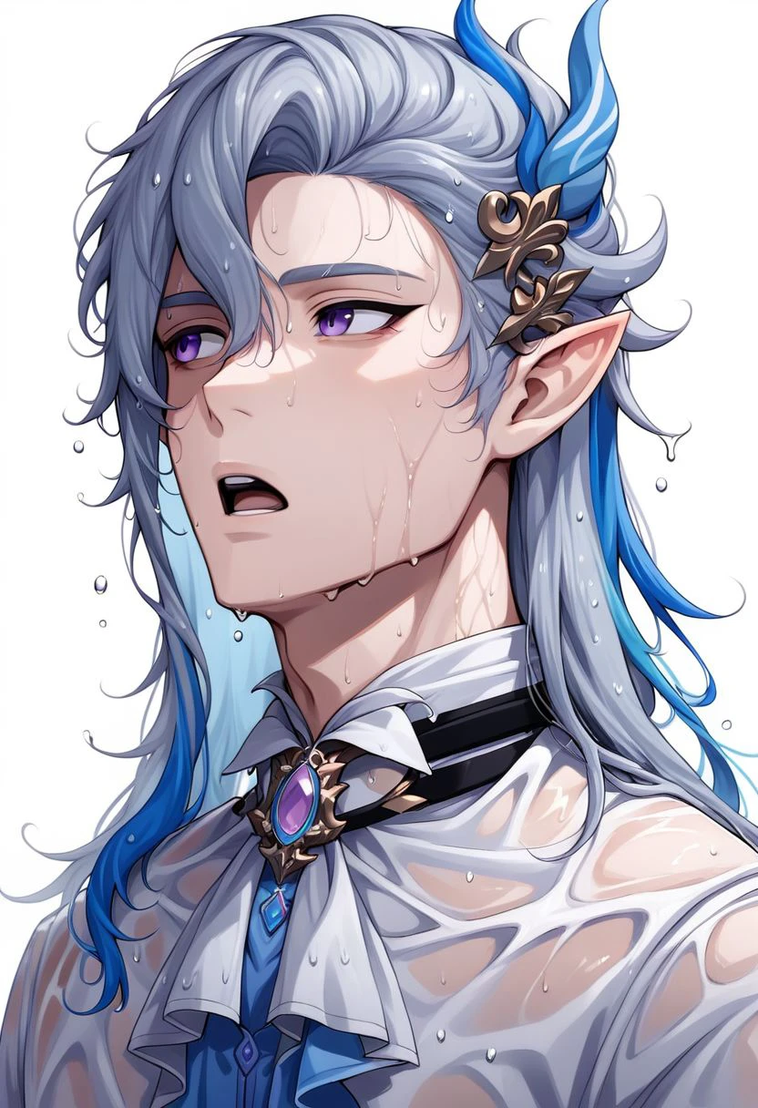 neuvillette, 1boy, male focus, purple eyes, solo, wet, long hair, white background, hair ornament, grey hair, multicolored hair, looking to the side, blue hair, simple background, wet clothes, open mouth, brooch, white ascot, pointy ears, ascot, 1boy, male focus, feather hair ornament   zPDXL