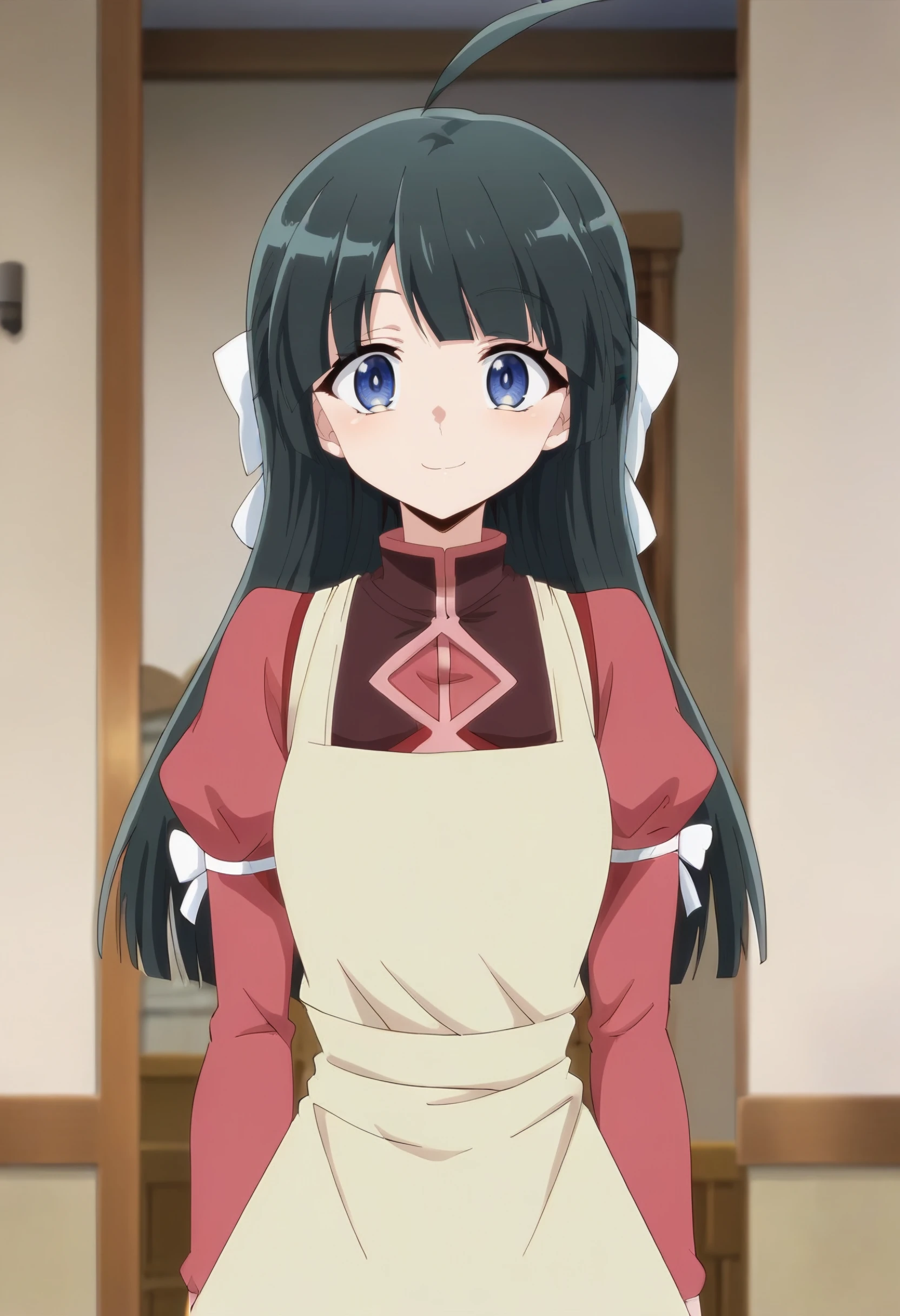 <lora:Manicia:1>manicia, black_hair, long_hair, 1girl, ahoge, solo, blue_eyes, bangs,  hair_bow,puffy_sleeves, apron, juliet_sleeves,cowboy shot, looking at viewer, smile, score_9, score_8_up, score_7_up, , anime coloring ,BREAK source_anime, anime