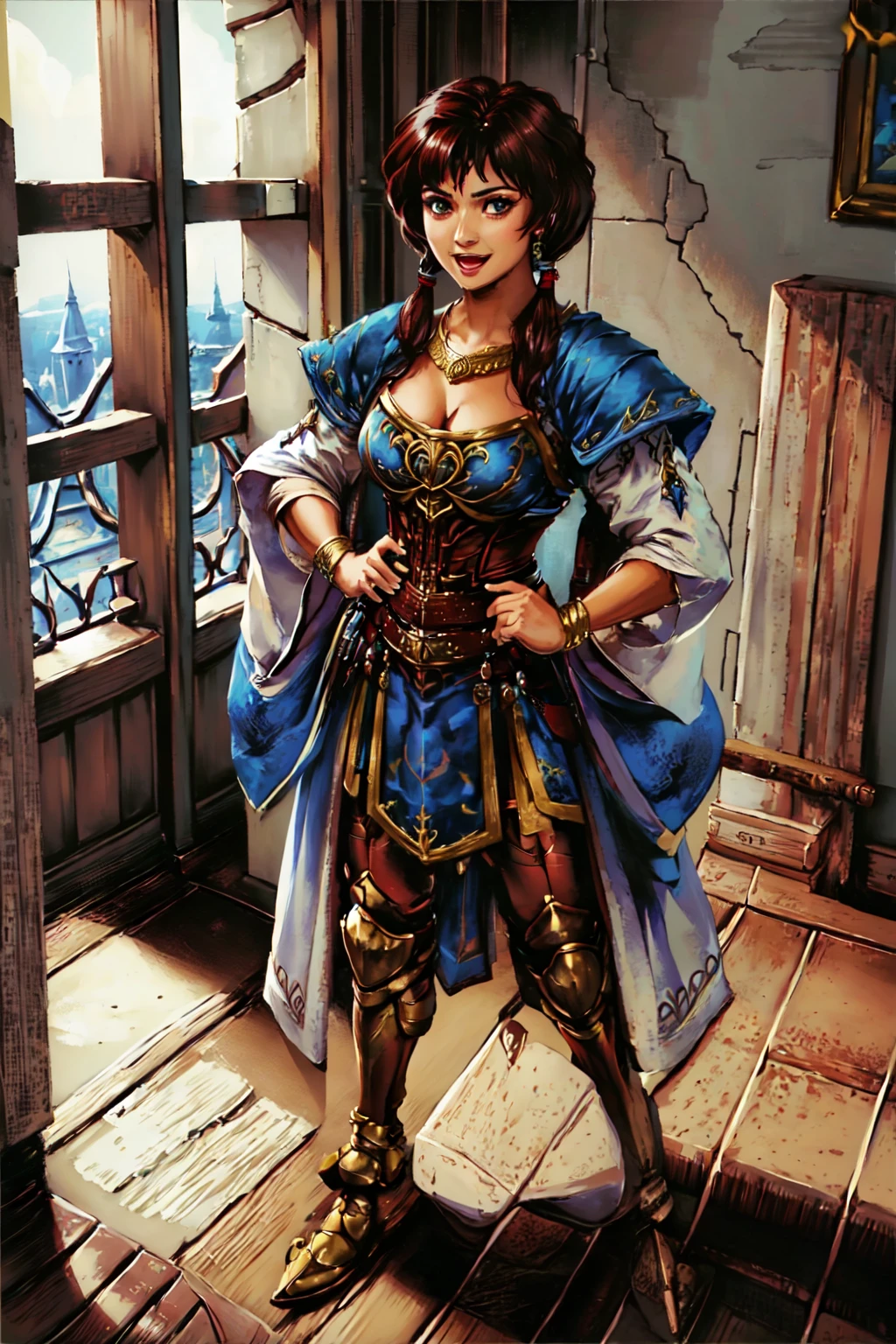 masterpiece,best quality,1girl,jhoirawl, <lora:jhoirawl:0.7>,standing,full body,ponytail,hairpiece,jewelry,cleavage,armor,looking at viewer,crossed arms,happy,:d,indoors,in castle,straight on