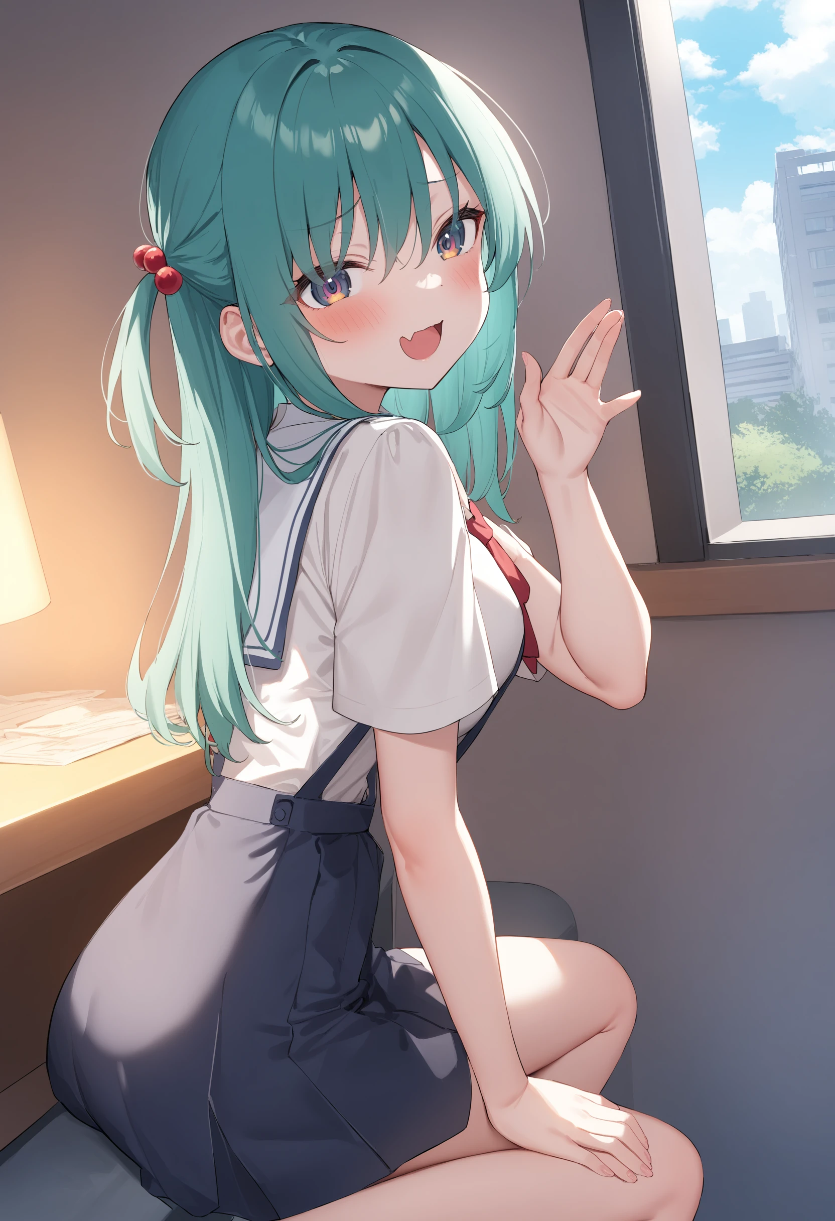 1girl,sincos, ningen mame, toosaka asagi,solo,medium breasts,school uniform,short sleeves,
mesugaki, smile, looking at viewer, blush, hand up, skin fang,<lora:mesugaki_XL_v1:0.9>
from side, feet out of frame, looking back, aqua hair, brown eyes,seductive smile, government district, open mouth, lightly curled inwards hair,,
best quality, very aesthetic, absurdres