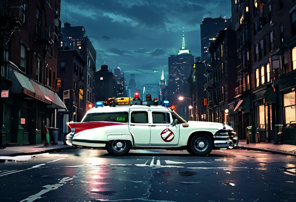 a studio photo of ecto_1 on a New York City street at night, vehicle focus, licence plate, side view, low-key, beautiful, science fiction, best quality high resolution, beautiful, highest quality, masterpiece, highly detailed, best studio lighting, volumetric lighting, global illumination, highly detailed, sharp focus,