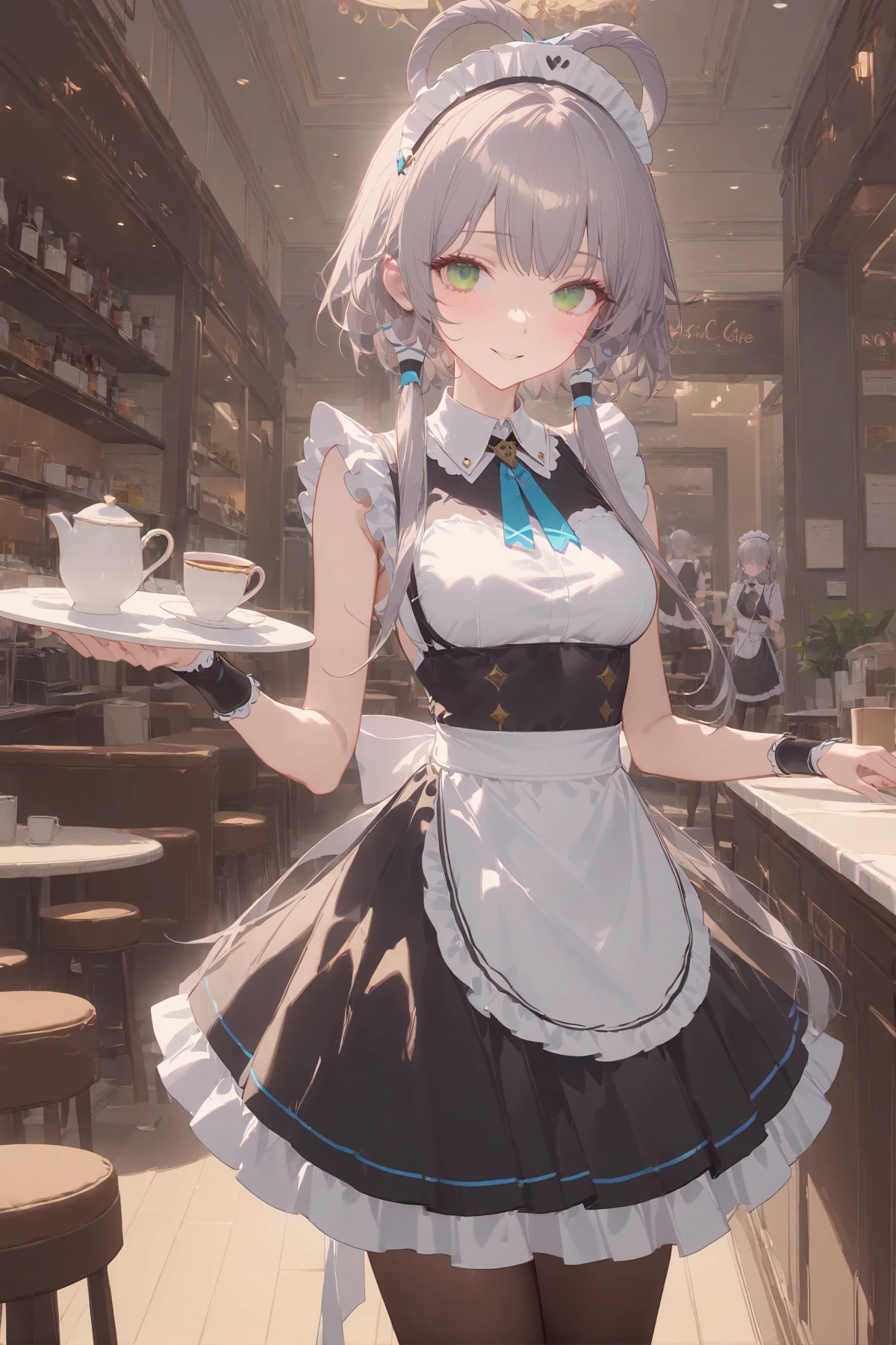 masterpiece, best quality, perfect features, intricate details, ray tracing, newest,(hitenkei, askzy:0.4), 1girl, solo,maid cafe,cafe maid, maid, maid headdress, maid apron, pantyhose, smile, holding plate, looking at viewer, cowboy shot, cafe \(place\), indoors, depth of field, green eyes, grey hair, hair ornament, hair rings, short hair with long locks, hair tubes, <lora:luotianyi_xl:0.7>