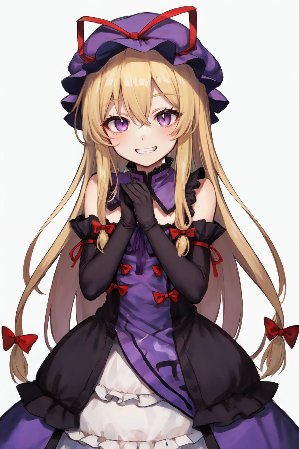 1 girl, Fischl_\(Genshin Impact_Influence\), Solitary, Eyepexistch, , two_side_up, Blonde_hair, long_hair, Watching_exist_Viewer, bow, Smile, Open_Mouth, garter_Shoulder Straps, only_Shoulder, purple_bow, White_background, Bangs, bowtie, hair_Exceed_one_Eye, feexisthers, hair_Ribbon, Ribbon, skirt, simple_background, Skin of color,Green Skin,Green Skin,Green Skin,whole body,Green Skin,Zombification,Green Skin,坐exist床上,Green mist