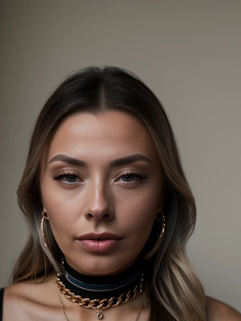 Realistic photo of a beautiful c0r1nn4k woman,1girl, solo, long hair, looking at viewer, smile, blue eyes, blonde hair, black hair, closed mouth, choker, lips, looking to the side, grey eyes, eyelashes, makeup, portrait, realistic, professional Photography, Photorealistic, detailed, RAW, analog, sharp focus, 8k, HD, DSLR, high quality, Fujifilm XT3, film grain, award winning, masterpiece<lora:c0r1nn4k:1.0>