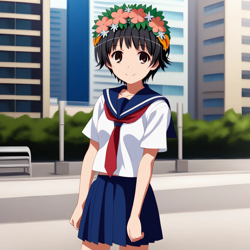 <lora:Kazari Uiharu - To Aru Kagaku No Railgun-000002:1>, UiharuTKNR, black hair, short hair, brown eyes, head wreath, hair flower, hair ornament, "serafuku, white shirt, red necktie, blue sailor collar, blue skirt, outdoors, city, street, smile", 1girl, solo, standing, cowboy shot, arms at sides,