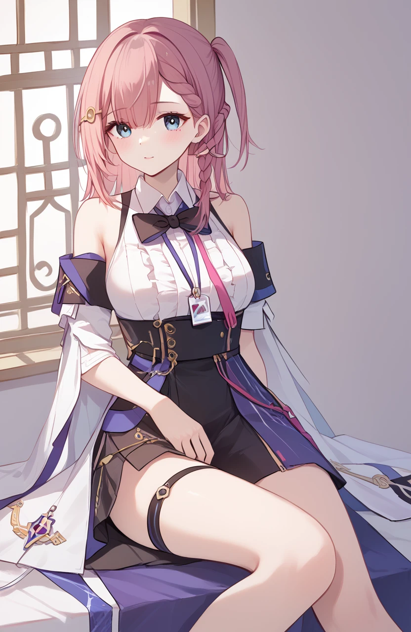 <lora:è¾ä¸å¦²2pony:1>,xtasta,a girl named xtasta,1girl,braid,white shirt,sleeveless shirt,one side up,id card,detached sleeves,black skirt,black bowtie,center frills,collared shirt,thigh strap,<lora:naipixa31-000019:0.6>,, (score_9,score_8_up,score_7_up),(masterpiece,best quality,high quality:1.2),absurdres,