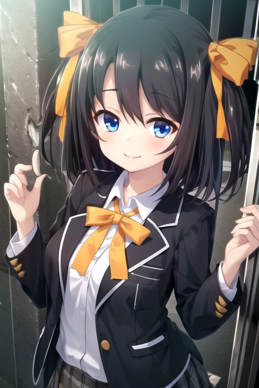 ((masterpiece)),(best quality),official art,extremely delicate and beautiful,extremely detailed CG,unity 8k wallpaper,ultra detailed,beautiful detailed eyes,extremely detailed face,outdoors,1girl,solo,upper body,(portrait:1.5),looking at viewer,facing viewer,smile,Hayashi Kanna,long hair,black hair,twintails,two side up,hair ribbon,yellow ribbon,parted bangs,blue eyes,school uniform,blazer,black jacket,wing collar,neck ribbon,yellow ribbon,white shirt,dress shirt,collared shirt,medium breasts,long sleeves,miniskirt,plaid skirt,pleated skirt,black pantyhose,loafers,brown footwear,<lora:Hayashi Kanna(ir)>,