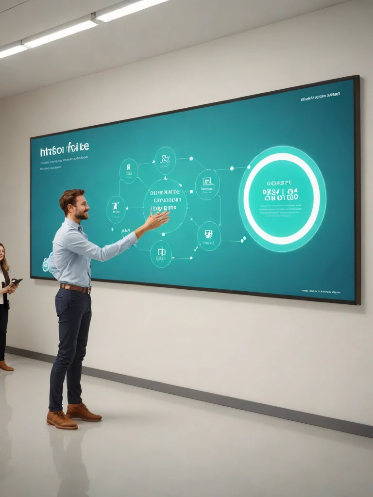 An interactive banner featuring a touch-activated AI interface, where virtual buttons and sliders adjust settings and display AI's capabilities in real-time, set against a clean, modern background to emphasize innovation and efficiency.