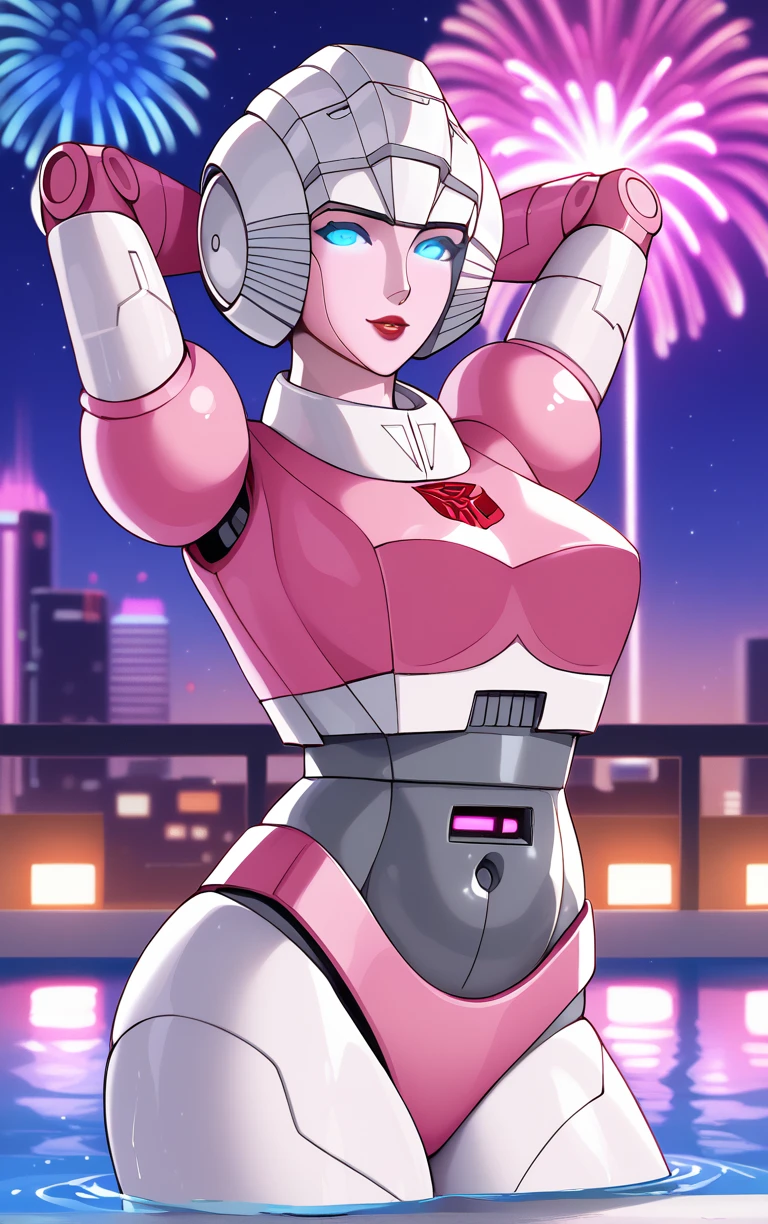 score_9, score_8_up, score_7_up, score_6_up, looking at viewer,  BREAK
Main_G1_Arcee_ownwaifu, 
1girl, autobot, blue eyes, helmet, mecha, no humans, pink top, red lips, shiny, insignia, pink panties, lipstick, breasts, glowing eyes, medium breasts, wide hips, makeup, navel, thick thighs, robot girl, 
(contrapposto, arms behind head, aerial fireworks), wading, neon_lights, cityscape, night, pool, full moon, outdoors, <lora:PONYXL_G1_Arcee_ownwaifu:0.9> , depth of field, solo,