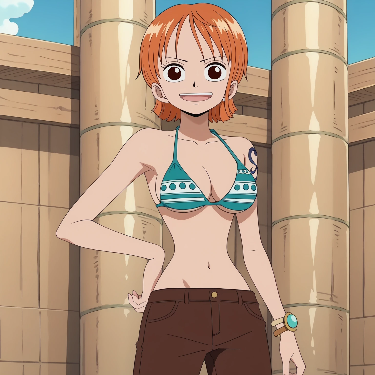(high-quality, breathtaking),(expressive eyes, perfect face), nami, 1girl, solo, short_hair, Ponytail, breasts, bangs, orange eyes, large_breasts, Orange hair, navel, cleavage, bare shoulders, jewelry, medium breasts, collarbone, swimsuit, bikini, outdoors, sky, day, midriff, cloud, bracelet, tree, blue_sky, crop_top, beach,palm_tree, bangle, sarong, hair_slicked_back