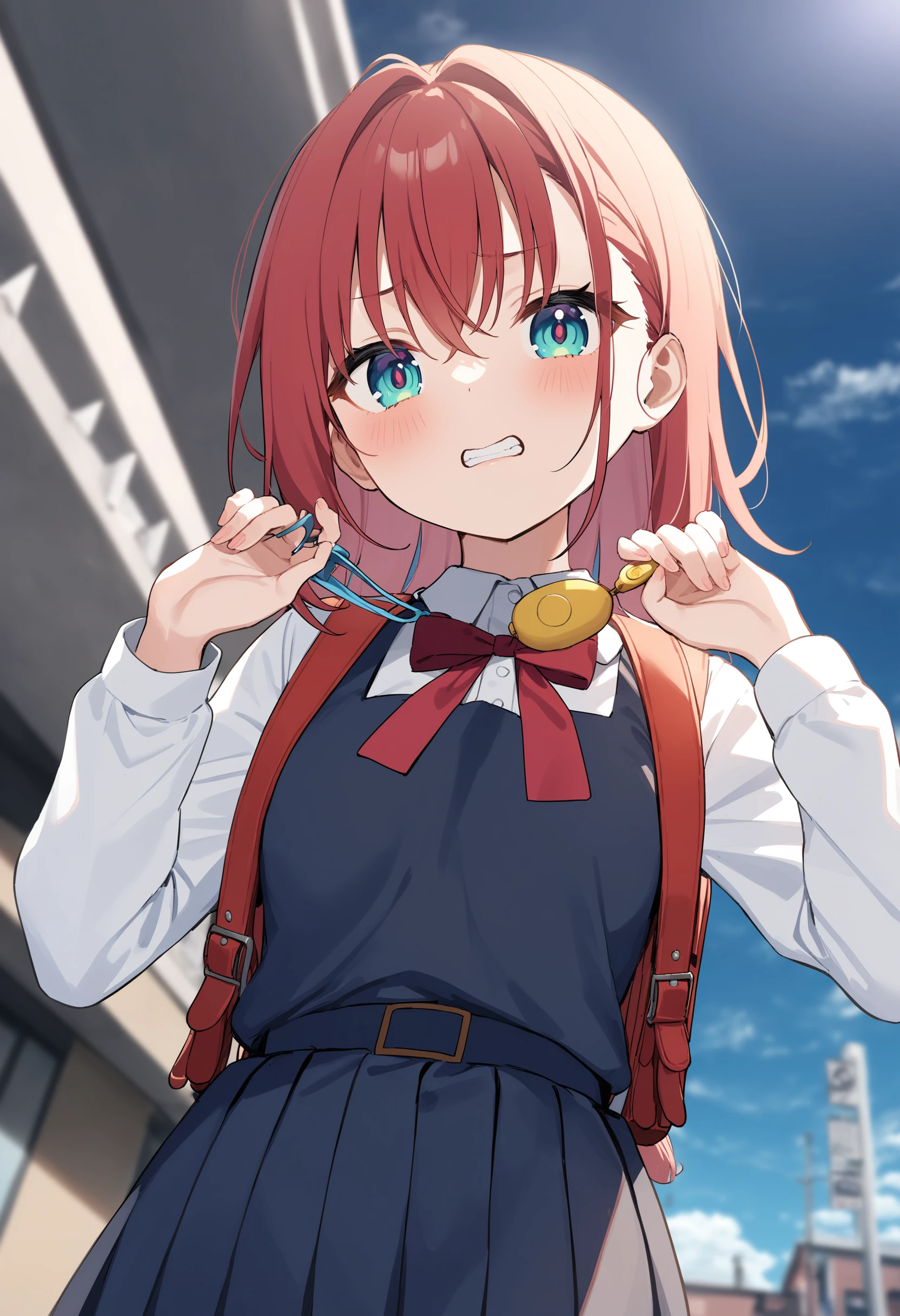 1girl,sincos, ningen mame, toosaka asagi,solo,medium breasts,school uniform,
crime prevention buzzer, holding, looking at viewer, hands up, randoseru, backpack,<lora:crimepreventionbuzzer_XL_v1:0.8>
from below, upper body, looking at viewer, red hair, aqua eyes,clenched teeth, parking lot, closed mouth, side hair,,
best quality, very aesthetic, absurdres,