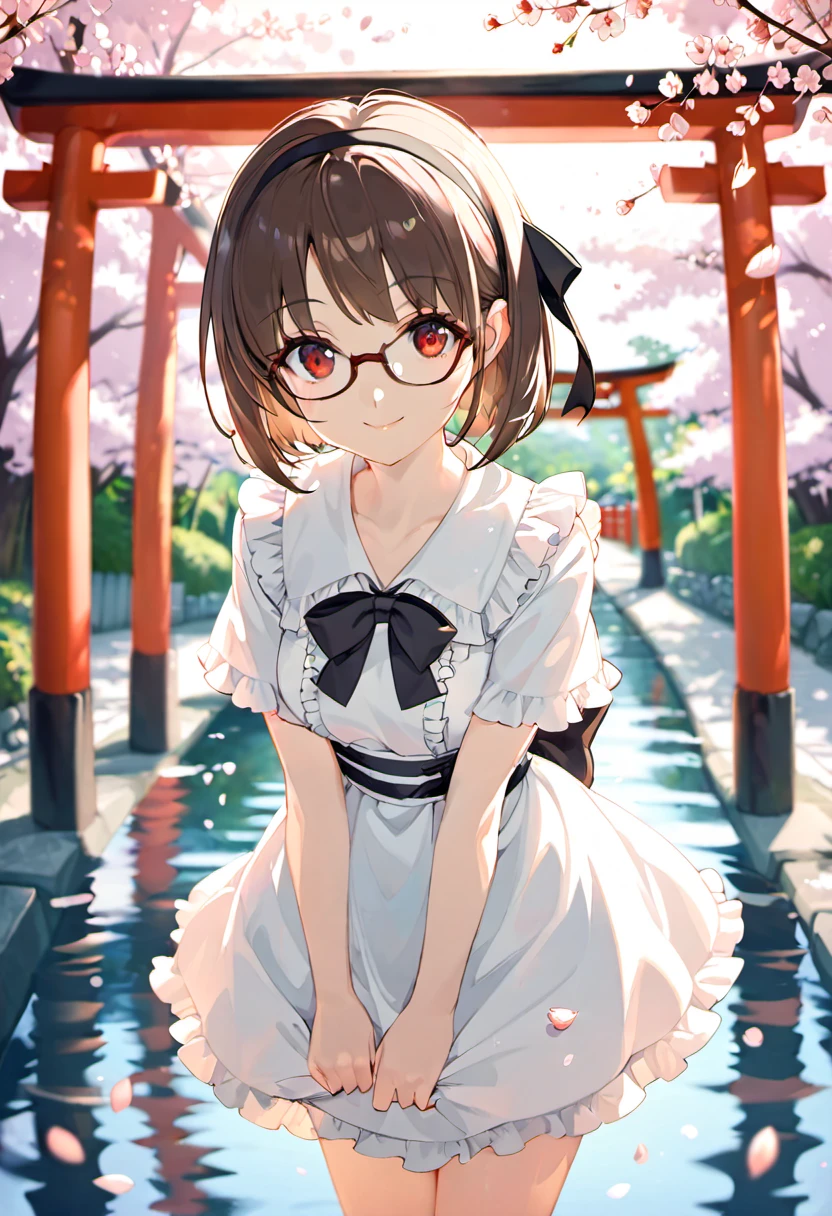 glasses, 1girl, solo, smile, short brown hair, red eyes, white frilled dress, black ribbon, short sleeves, hairband, cowboy shot, parted lips,  blurry background, petals, cherry blossoms, torii, perspective, water reflection,