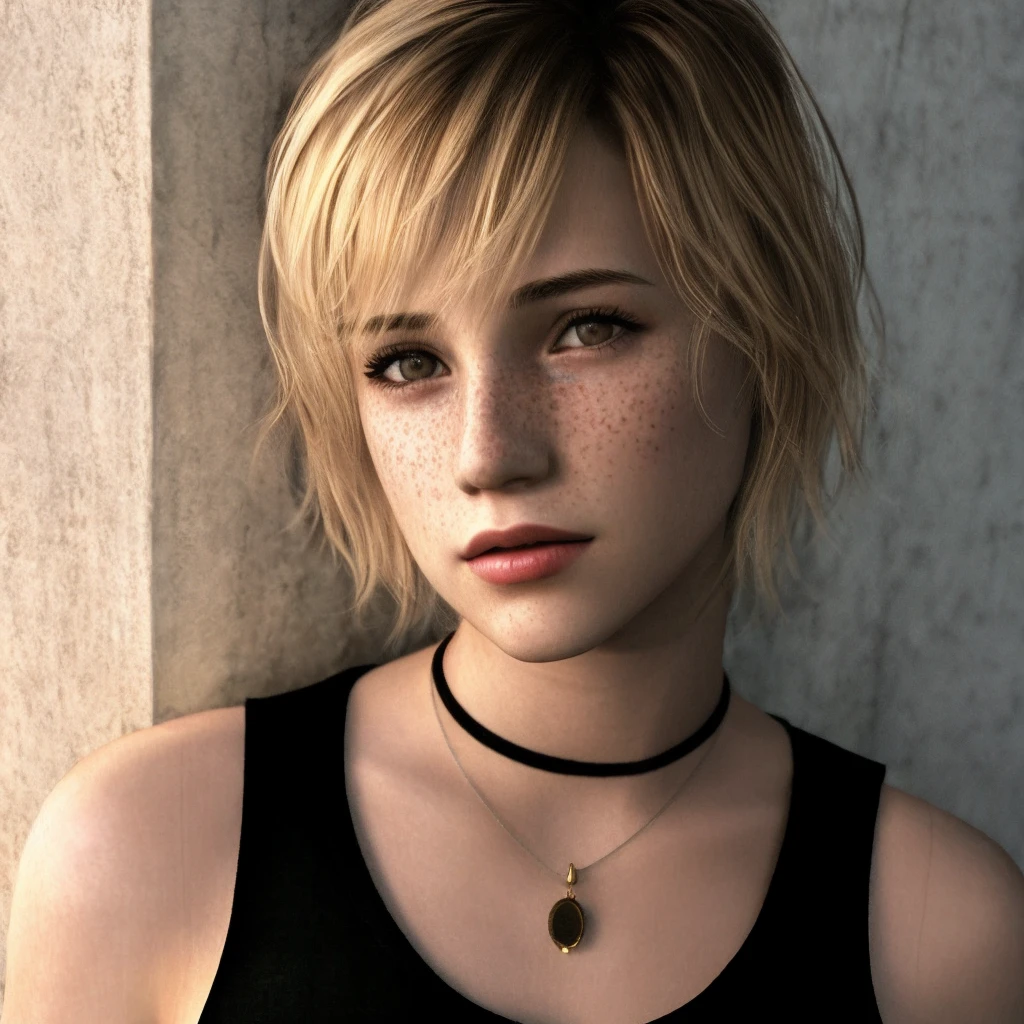 masterpiece, photoreal, detailed, high quality, 1girl, heathersh3, blonde hair, short hair, freckles, brown eyes, lips, young, realistic, tank top, wristband, jeans, filmgrain, noise, portrait, <lora:SH3_Heather_Manson_by_vinrax:1>