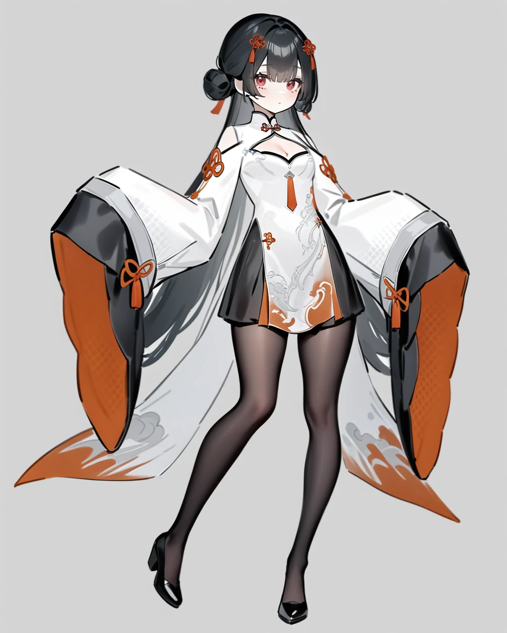 masterpiece,best quality,full body,standing,standing on one leg,looking at viewer,
<lora:xuankai_xl:0.75>,xuankai snowbreak,1girl,solo,cleavage cutout,long hair,pantyhose,sleeves past wrists,sleeves past fingers,black hair,hair bun,black footwear,clothing cutout,black pantyhose,chinese clothes,red eyes,hair ornament,dress,long sleeves,multicolored hair,wide sleeves,bangs,tassel,double bun,flower,hair flower,white dress,