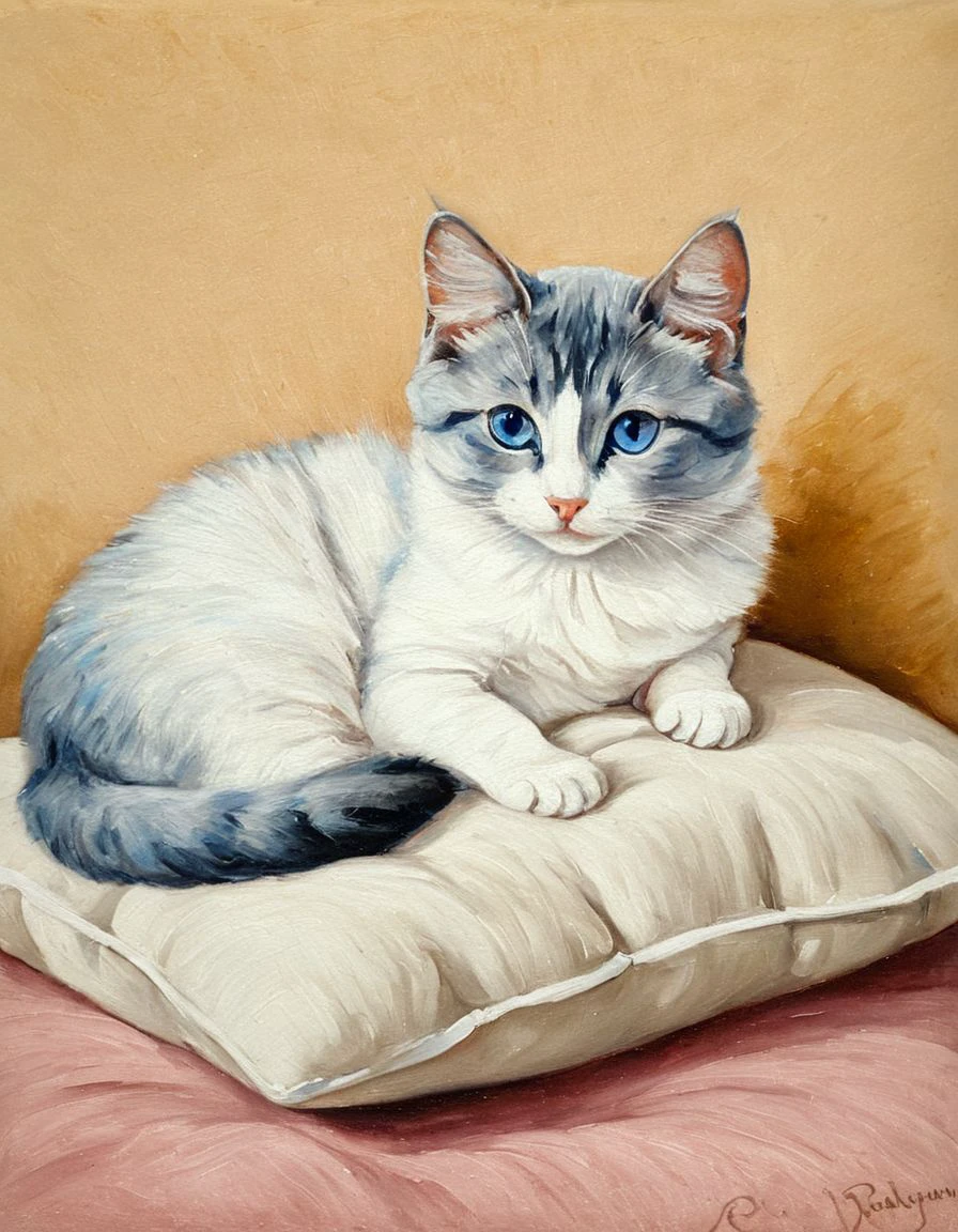 A painting of a cute cat rest on a pillow., no humans, animal, blue eyes, simple background, <lora:cat_painting_XL_resize:1.2>