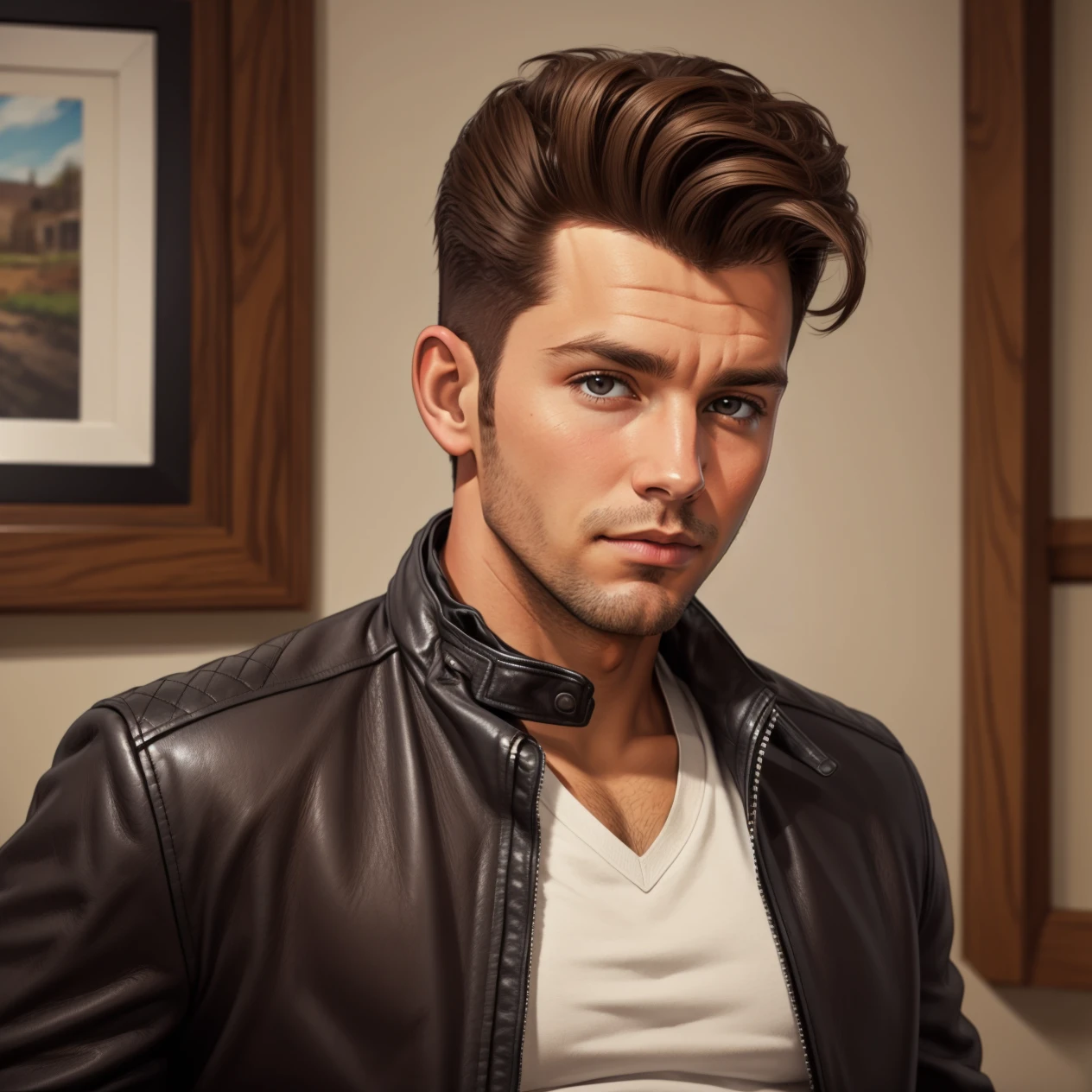 solo, male focus, 1boy, realistic, leather jacket, looking at viewer, hud_grsr_hr,  brown hair, pompadour, <lora:hud_grsr_hr_SD15:0.75>, southern prairie