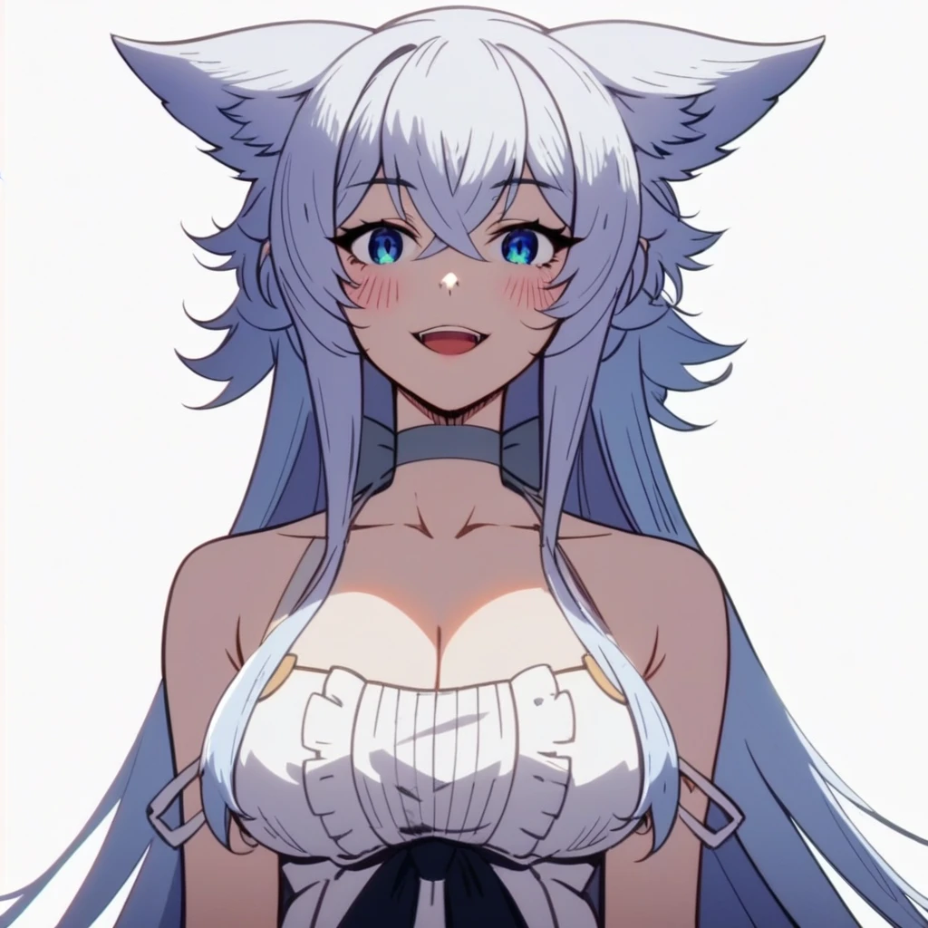 anime,animation,best quality, ultra high res, higly detailed, 4k,masterpiece, best quality, official art, highly detailed, illustration, 1 girl, white hair, long hair, detailed eyes,red eyes,bare,enlightenment style clothes,pure, soft,15year,korean,korea, glamour,sexy,open shoulder,smile,exquisite delicate eyes,cat ears