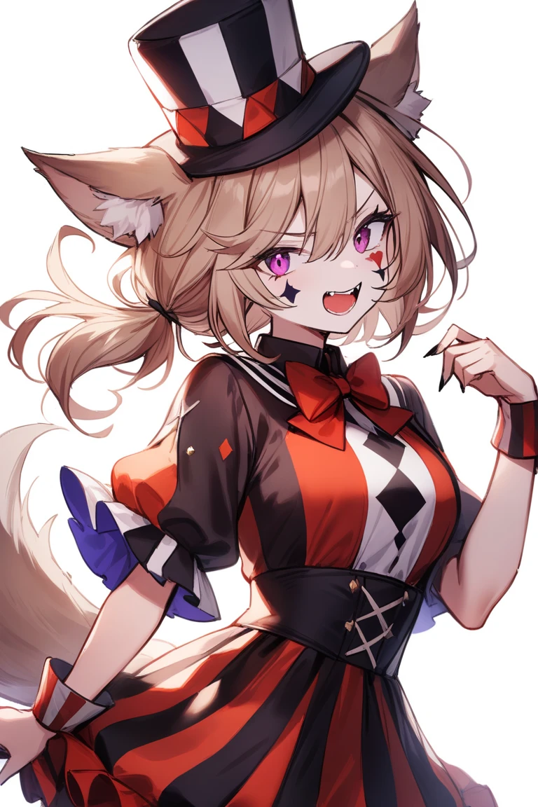 <lora:liberte:0.6>,liberte,1girl,solo,white background,simple background,wolf ears,hat,clown clothing,, masterpiece, best quality, very aesthetic, absurdres