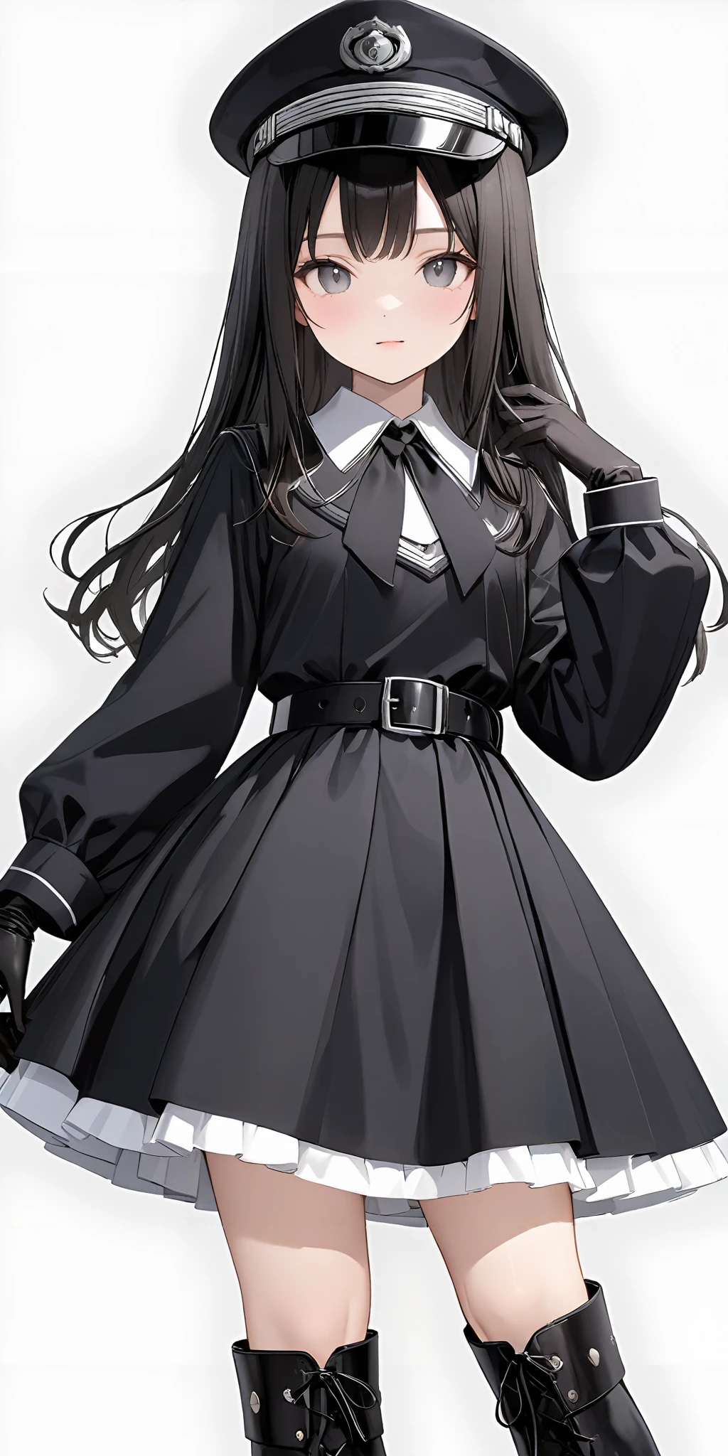 masterpiece,ultra-detailed,best quality,8K,illustration,cute face,clean skin ,shiny hair,girl,simple background
<lora:military uniform_XL_V1.0:1> jyojifuku, m dress, gloves, boots, belt, hat