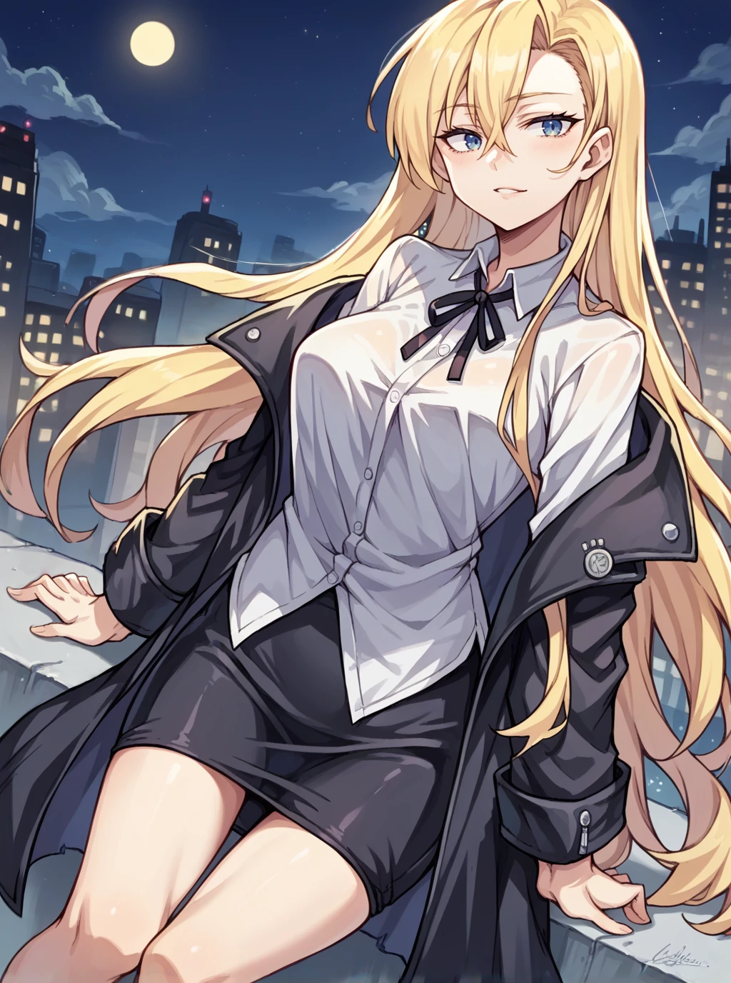 score_9, score_8_up, score_7_up, source_anime, solo, 1girl, evangeline a.k. mcdowell \(adult\), blonde hair, breasts, white shirt, black skirt, black coat, night, city, <lora:evangeline_PDXL-000002:1>