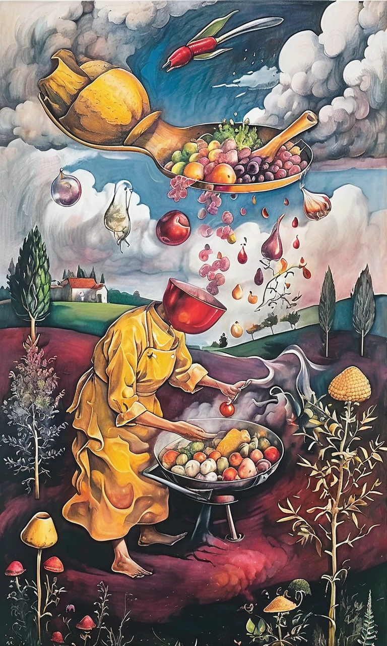 serco style, surrealistic outdoor cooking, figure with a bucket-shaped head, overflowing fruits like a cornucopia, assorted vegetables in mid-air, cloud formations merging into the landscape, whimsical vegetation with a fantasy twist, cooking on an open flame, daisies and wildflowers dotting the foreground, painterly brushwork, rich and earthy palette, the essence of harvest, floating bubbles with reflections, playful fusion of nature and cuisine, a dreamscape of flavor and flora <lora:serco3_XL:1>