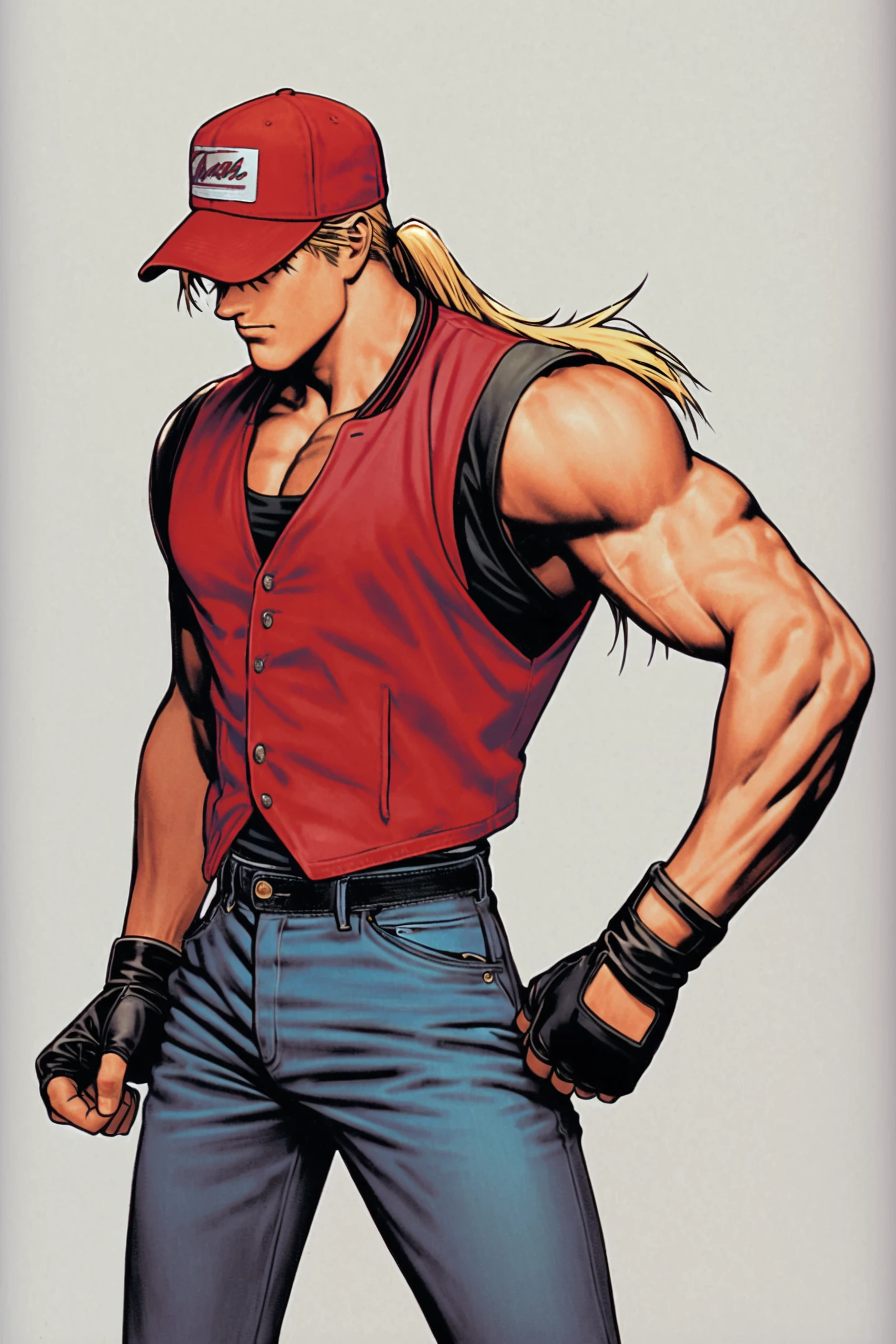 solo,1boy,male focus,hat,gloves,blonde hair,red baseball cap,denim,fingerless gloves,muscular,long hair,ponytail,jeans,vest,pants,jacket,standing,upper body,white background,<lora:shinkiro_XL:0.8>,