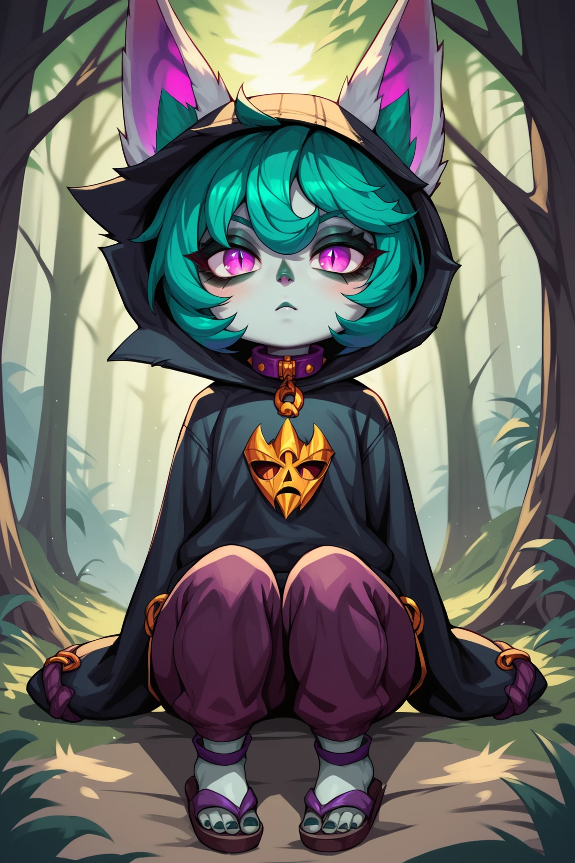score_9, score_8_up, score_7_up, score_6_up, score_5_up, score_4_up, VexLoLXL, yordle, shortstack, pink eyes, green hair, bangs, short hair, grey skin, colored skin, black hood, hood up, ears through headwear, white animal ears, black shirt, purple collar, golden ornament, long sleeves, sleeves past wrists, purple pants, sandals, sitting, looking at viewer, forest, tree <lora:VexLoLXL:0.7>