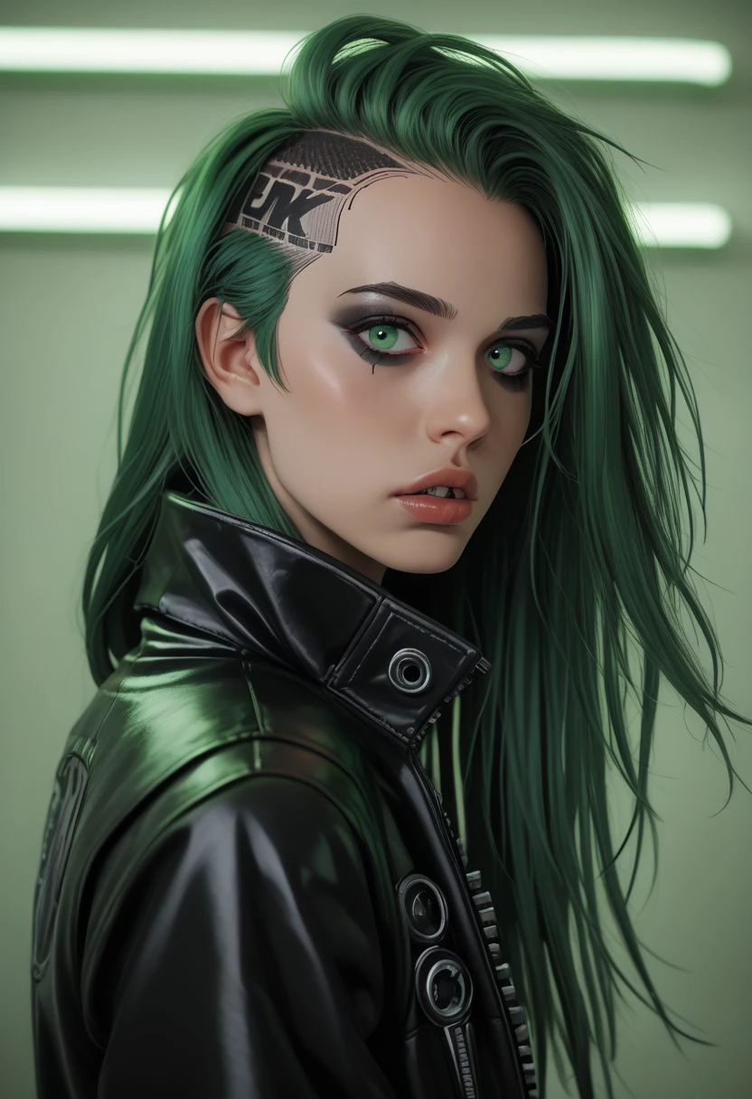 njsxzs, 1girl, solo, long hair, jacket, looking at viewer, green hair, neon lights, cyberpunk, black jacket, parted lips, upper body, makeup, green theme, green hair, leather jacket, cybergoth, emo punk, from side, green eyes, neon, green, slime tutorial, beetlejuice inspired, underworld vibes, realistic, liminal horror, slime (substance) zPDXL