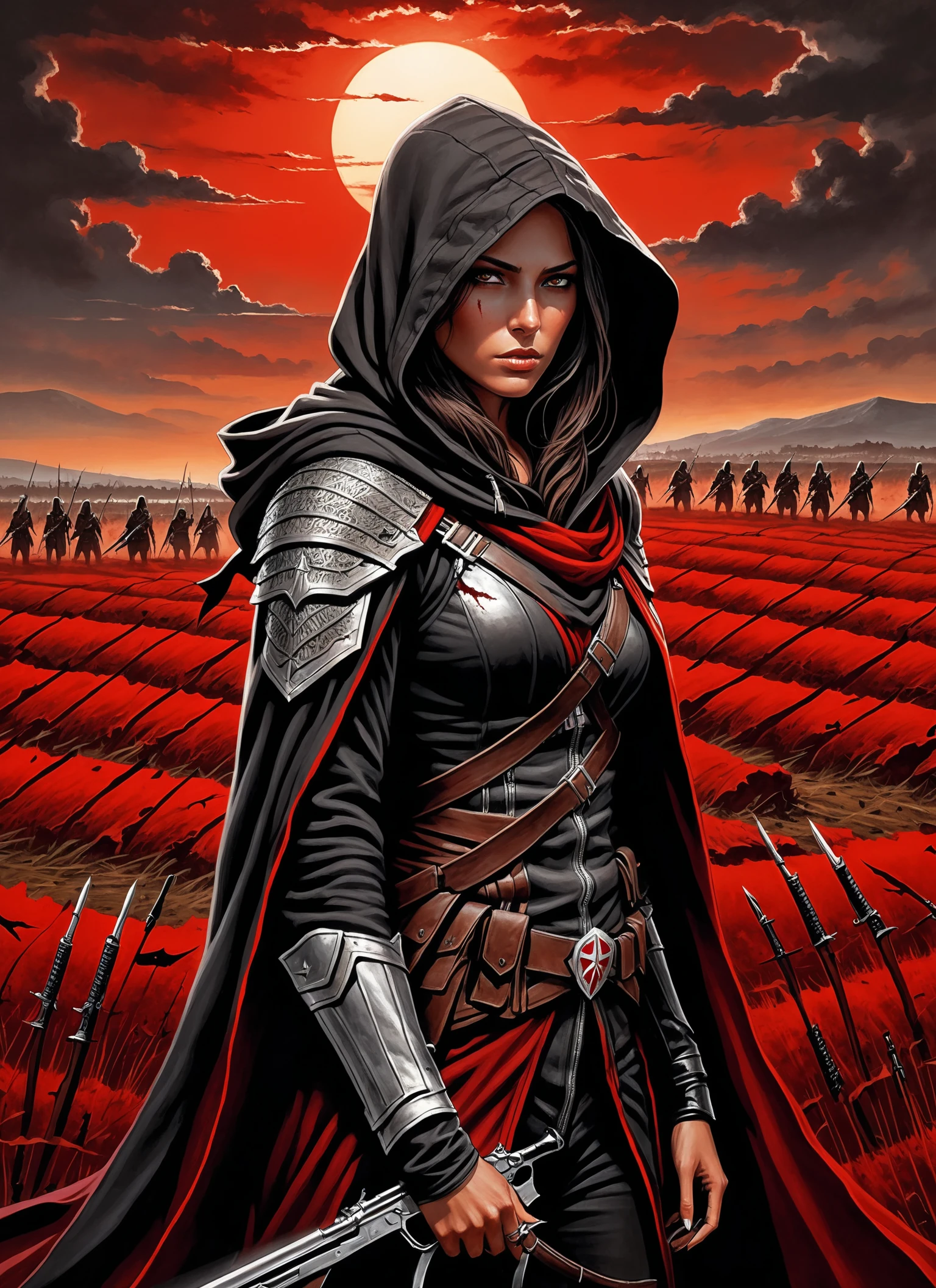 texture photorealistic Medium view acrylic painting, (Assassin woman overlooking war-torn field:1.2), Setting sun casts red hues, Countless fallen soldiers, (Eerie battlefield:1.3), Hooded figure, Tense stance, Vengeance in her eyes. . highly detailed, lifelike, precise, accurate top down close-up