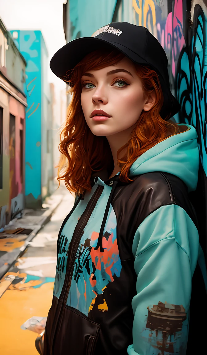 highly detailed portrait of a sewerpunk young adult lady, blue eyes, hoody, hat, ginger hair by atey ghailan, by greg rutkowski, by greg, tocchini, by james gilleard, by joe fenton, by kaethe butcher, gradient yellow, black, brown and cyan color scheme, grunge aesthetic!!! ( ( graffiti tag street background ) )