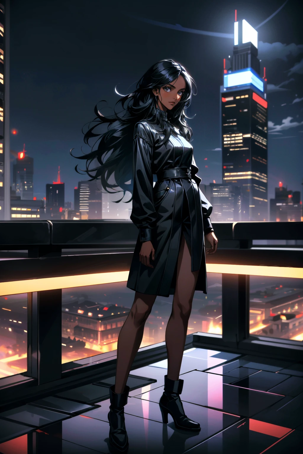 ((ultra detailed, masterpiece, absurdres))
 <lora:MEBrooks:0.8>
MEBrooks, 1girl, dark skin, black hair, long hair, overlooking the city from a rooftop bar at night, chic outfit, standing