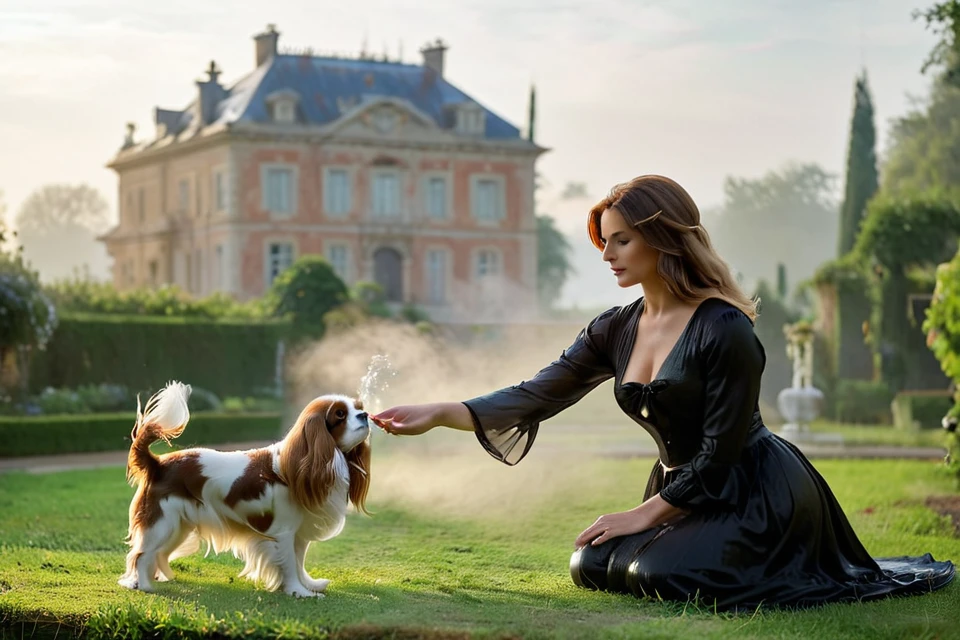 <lora:Noble_Dogs_XL-000025:0.9>  NOBLEDOGS_CKCS, remarkable ultra-realistic portrait of an elegant victorian mature woman woman who is playing with (cavalier person spaniel dog:1.3) in early morning noble garden in front of foggy French landscape with luxurious mansion in background fog, woman presenting her artistic hands which have anatomically correct five fingers BREAK ([(3d game concept with ground made of voronoi-shaped prismatic voxels:1.2) : ultra-realistic organic shapes with wet surface and reflections :0.42]:1.4), art by mooncryptowow, (dreamy natural morning light with rim lighting and soft focus and light leaks with shallow dof and swirly bokeh, view from_below, low angle view:1.1), (masterpiece, award winning artwork), many details, extreme detailed, remarkable