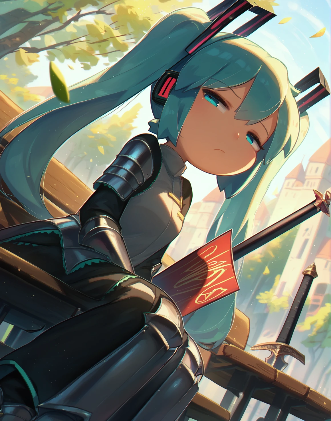 score_9, score_8_up, score_7_up,score_6_up, 1girl sitting on a park bench, knight armor, hatsune miku, weapon, porforeverstyl, dutch angle, (chibi:0.8),greatsword, half-closed eyes, serious, castle, fantasy, <lora:porforever_style_pony6_v2-000020:1>