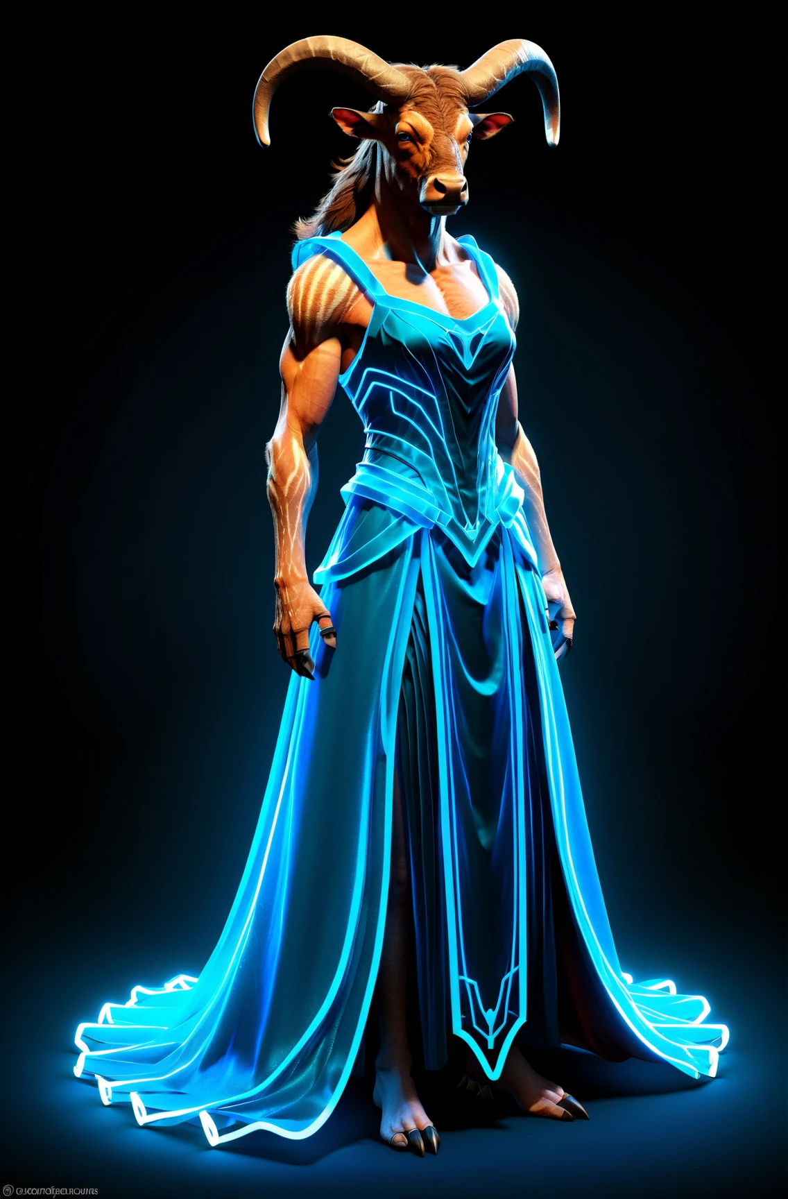 Aurochs glowing neon blue gown, Realistic style