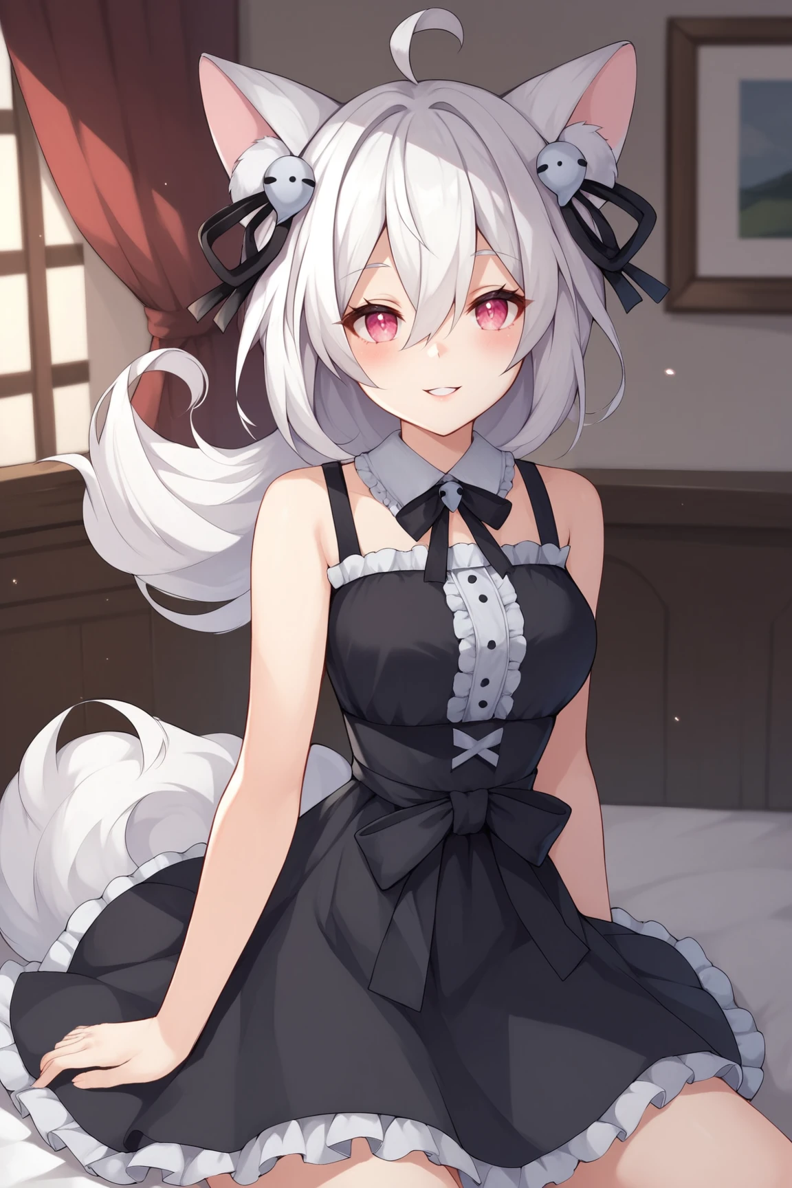 score_9, score_8_up, score_7_up, score_6_up, score_5_up, score_4_up, PookyBooVTXL, pink eyes, white hair, long hair, hair between eyes, ahoge, animal ears, (hair ornament:1.2), black dress, bare shoulders, (sleeveless:1.2), skirt, black ribbon, (black ribbon on waist:1.2), sitting, looking at viewer, seductive smile, indoors <lora:PookyBooVTXL:0.7>