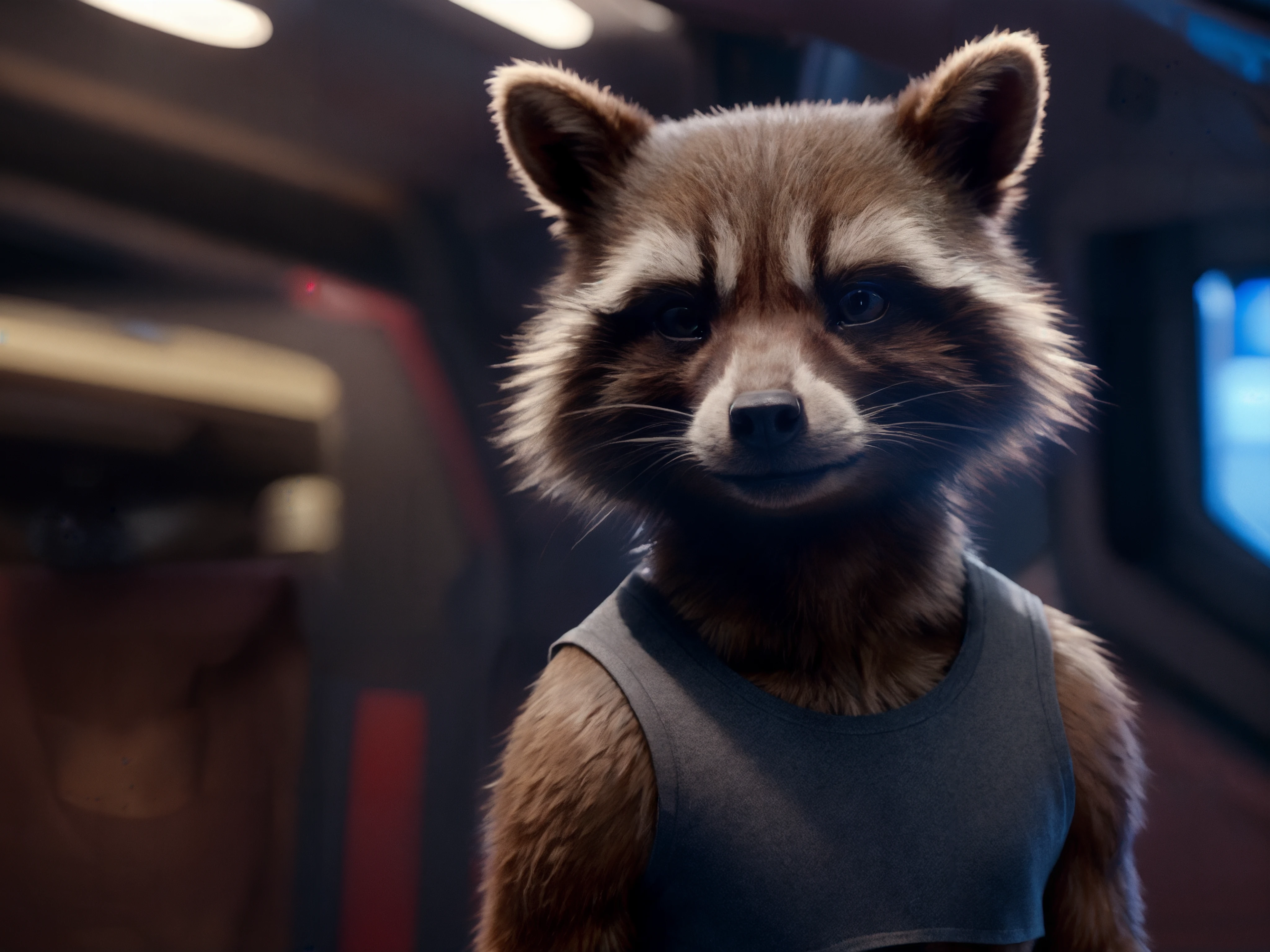 rocket raccoon, detailed fur, movie still, detailed background, (cute pose:1.6), cute, posing for the camera, tilted head, spaceship interior background, 5 fingers, dark palms, detailed_background, photorealism, detailed fur, subsurface scattering, real life, hyperrealistic, photo, 8k, highly detailed, (naked:1.3), smirking, wearing a crop top t-shirt, crop top shirt, athletic shorts <lora:Rocket Raccoon purrfectmerge:0.8>