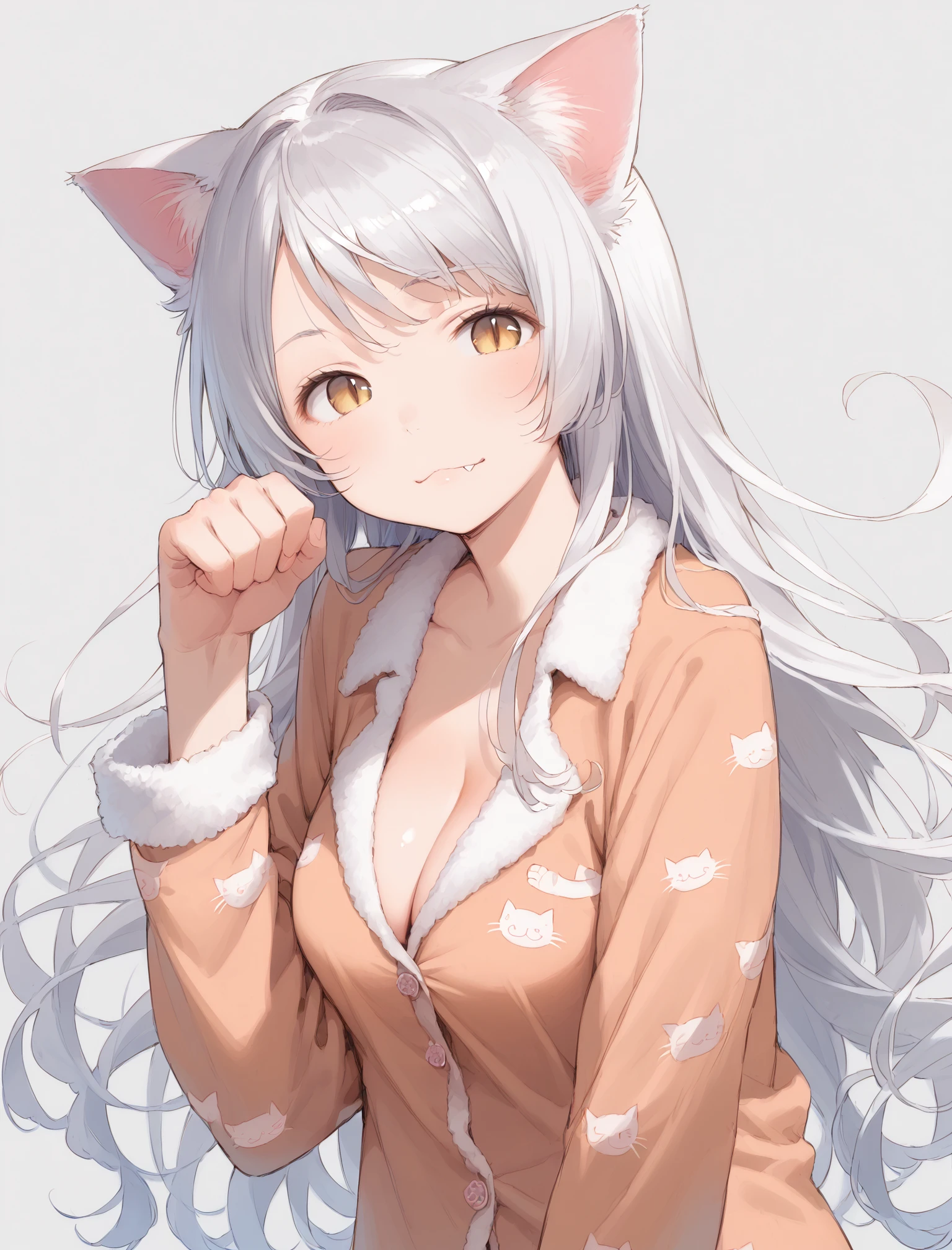 score_9, score_8_up, score_7_up,source_anime,BREAK uncensored,1girl,solo,hanekawa tsubasa, long hair, animal ears, cleavage, yellow eyes, white hair, fang, cat ears, cat girl, slit pupils,paw pose, sleepwear, animal print, cats print,  pajamas, long sleeves, cleavage, from side, looking at viewer, shaft look,head tilt,  <lora:tsubasa-hanekawa-ponyxl-lora-nochekaiser:1>