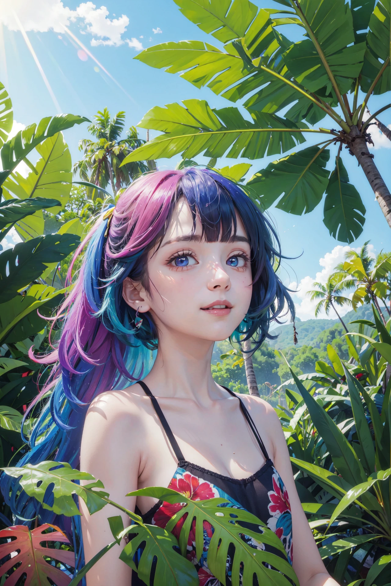 ((best quality, masterpiece, absurbres, super-resolution)) vivid colors, subsurface scatter, tropical rainforest, (colorful species), lively