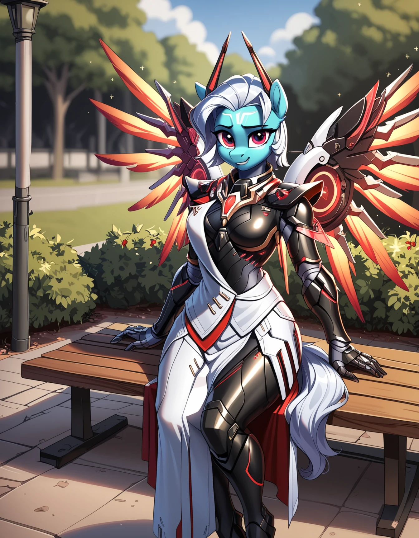 score_9, score_8_up, score_7_up, score_6_up, score_5_up, score_4_up,  
mercy, white armor,glowing wings,halo, (Pony:1.2), (anthro:1.15), female, solo, full scale, park, (blue fur:1.25), anatomically accurate, high quality, high resolution, shaded, three quarter view, looking at viewer, sitting on bench