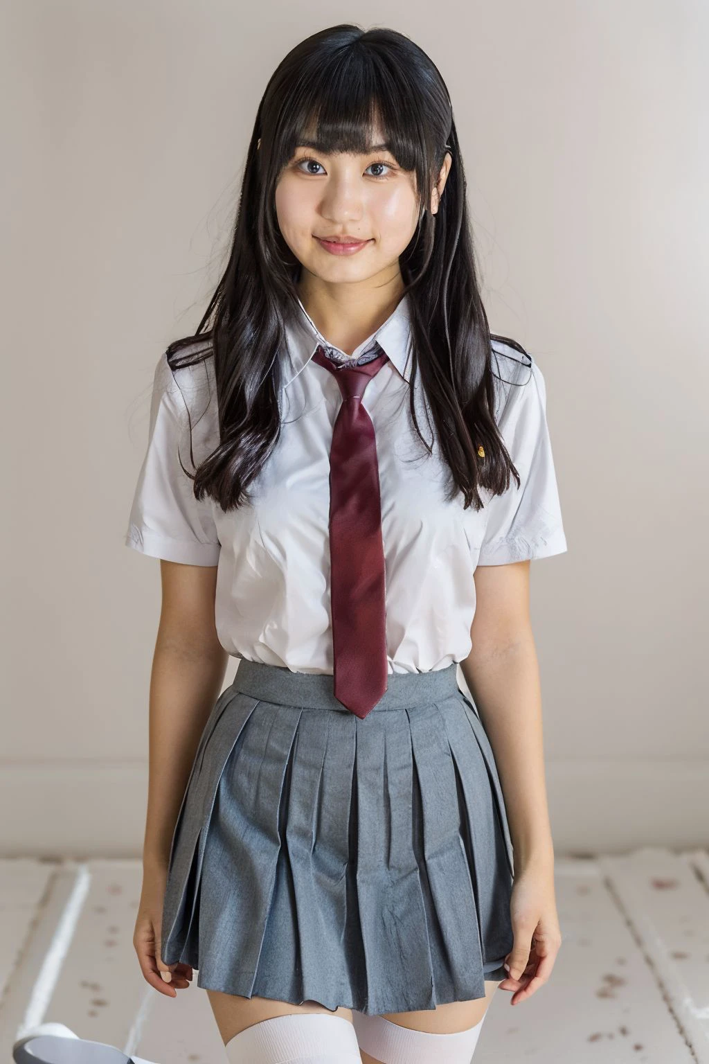 1girl, solo, small breasts, looking at viewer, realistic, photorealistic, bangs, black hair, lips, long hair, smile, black eyes, hyper detailed, super sharp, crisp, smooth, smooth gradients, depth of field, (in studio: 1.1), (white background: 1.1), (sfw: 1.3), <lora:kurumi_miyamaru:1>, <lora:breastsizeslideroffset:-0.4>, <lora:skin_slider_v2_1_FACE:0.5>, <lora:add_detail_v5:1>, black thighhighs, blue skirt, bonyari high school uniform, high heels, necktie, platform footwear, platform heels, pleated skirt, school uniform, serafuku, shoes, short sleeves, skirt, thighhighs, white footwear, zettai ryouiki