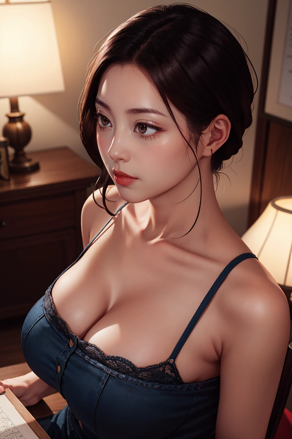 a woman with a big breast and a speech bubble above her head,