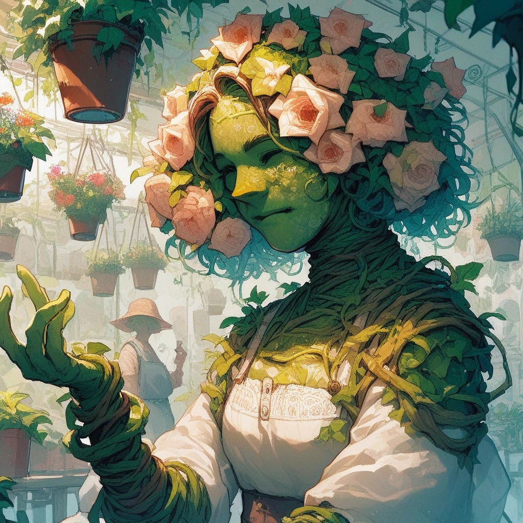 score_9, score_8_up, score_7_up, A plant humanoid, magnolias sprouting from her body and face, clothing made of vines