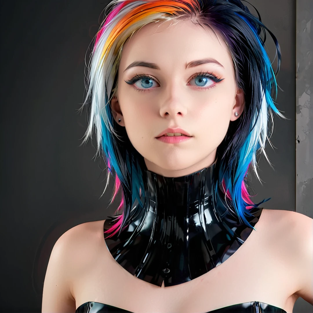 <lora:neckcorset_v2:0.75> pale skinned young emo goth girl with multicolored hair and blue eyes,, Masterpiece;highly detailed; extreme,octane render, zbrush, blender, 3d,post-processing,HDR; lightning; volumetric; cinematic; ray tracing; RTX;radiant light rays,subsurface scattering,soft edge lighting,realistic shadows;vibrant colors,high-res, 8k,16k,32k,Playful shadows dance across her face,