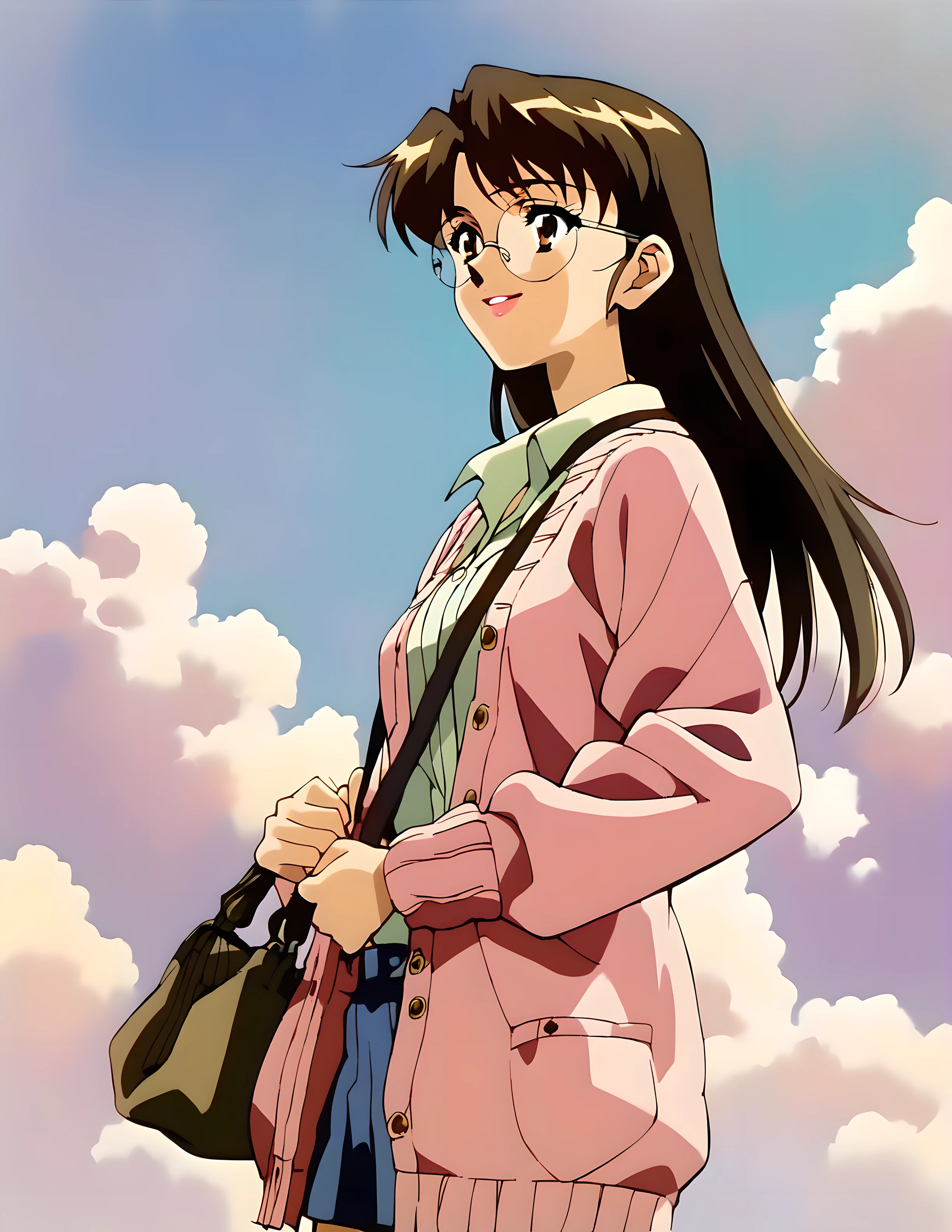 <lora:pony_xl_hiromi:0.8>,hiromi,score_9,score_8_up,score_7_up,source_anime,1girl,solo,round_eyewear,long hair,sky,cloud,bag,cardigan,smile,cowboy_shot,